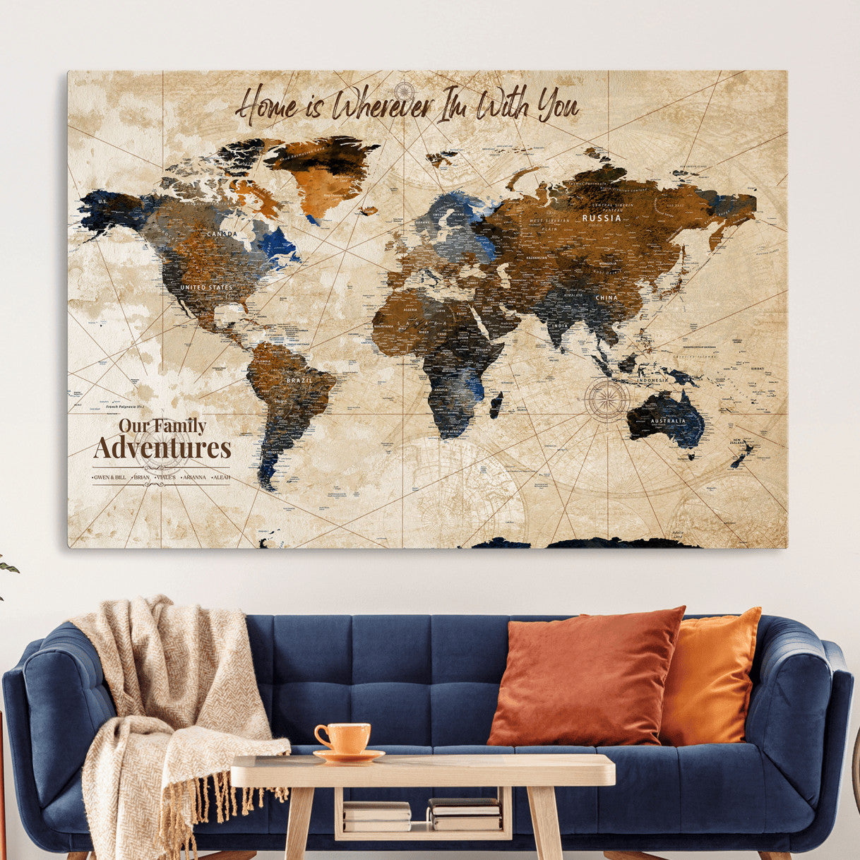 37709027-MGV-CV-36X24 - Customized Push Pin World Map Wall Art Canvas Print with Pins, Vintage Personalized Travel Tracker Map, Framed World Map for Living Room, Office and Home Decor