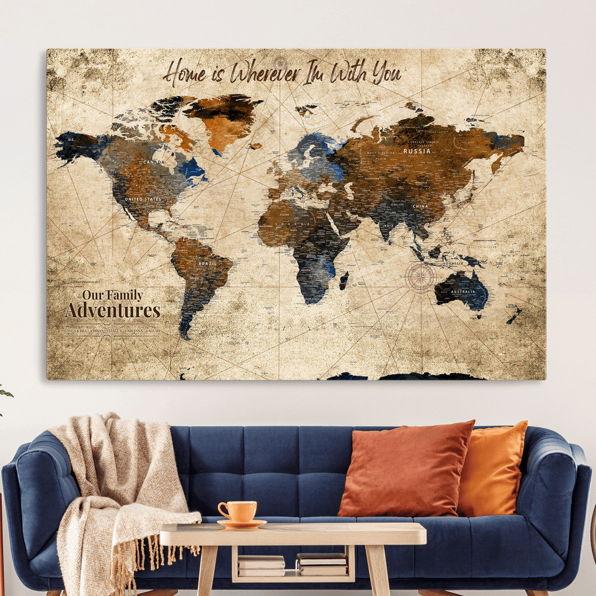 23631534-MGV-CV-36X24 - Customized Push Pin World Map Wall Art Canvas Print with Pins, Personalized Travel Tracker Map, Framed World Map for Living Room, Office and Home Decor