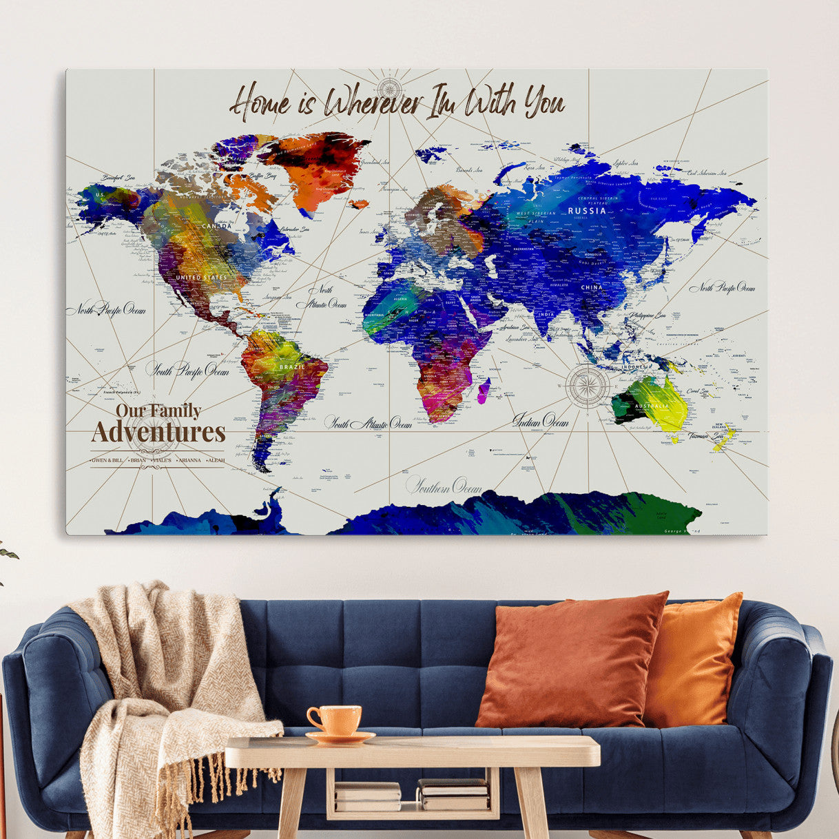 74686301-MGV-CV-36X24 - Customized Push Pin World Map Wall Art Canvas Print with Pins, Personalized Travel Tracker Map, Framed World Map for Living Room, Office and Home Decor
