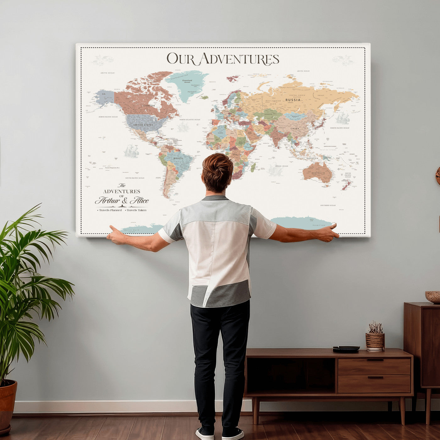 63033739-MGV-CV-36X24 - Personalized Push Pin World Map Wall Art Canvas Print with Pins – Customize Travel Tracker Map for Home and Office Décor