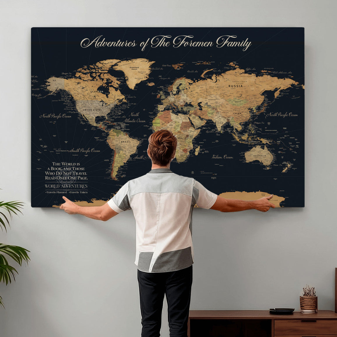 79740262-MGV-CV-36X24 - Personalized Push Pin World Map Wall Art Canvas Print with Pins – Customize Travel Tracker Map for Home and Office Décor