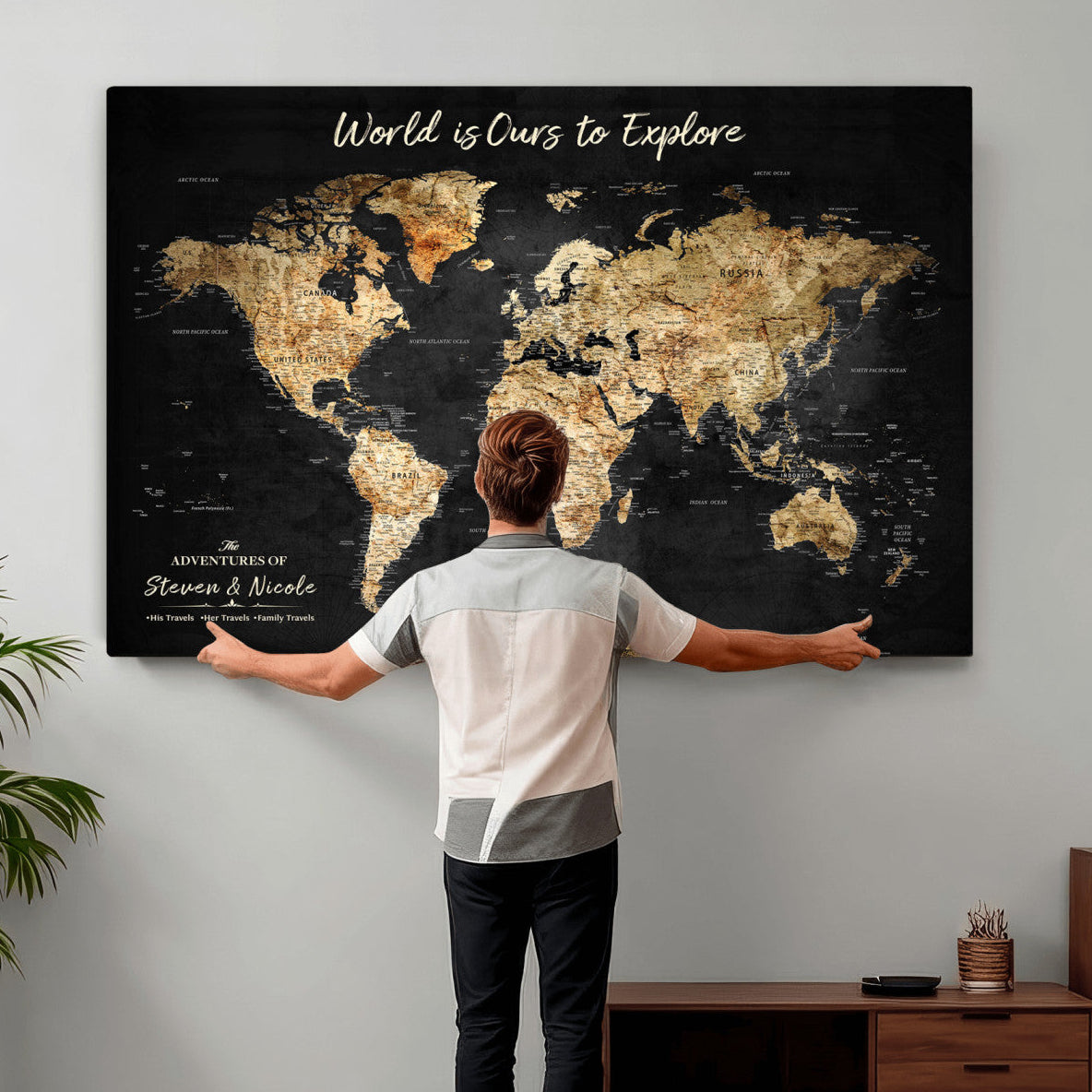 64106311-MGV-CV-36X24 - Personalized Push Pin World Map Wall Art Canvas Print with Pins – Customize Travel Tracker Map for Home and Office Décor