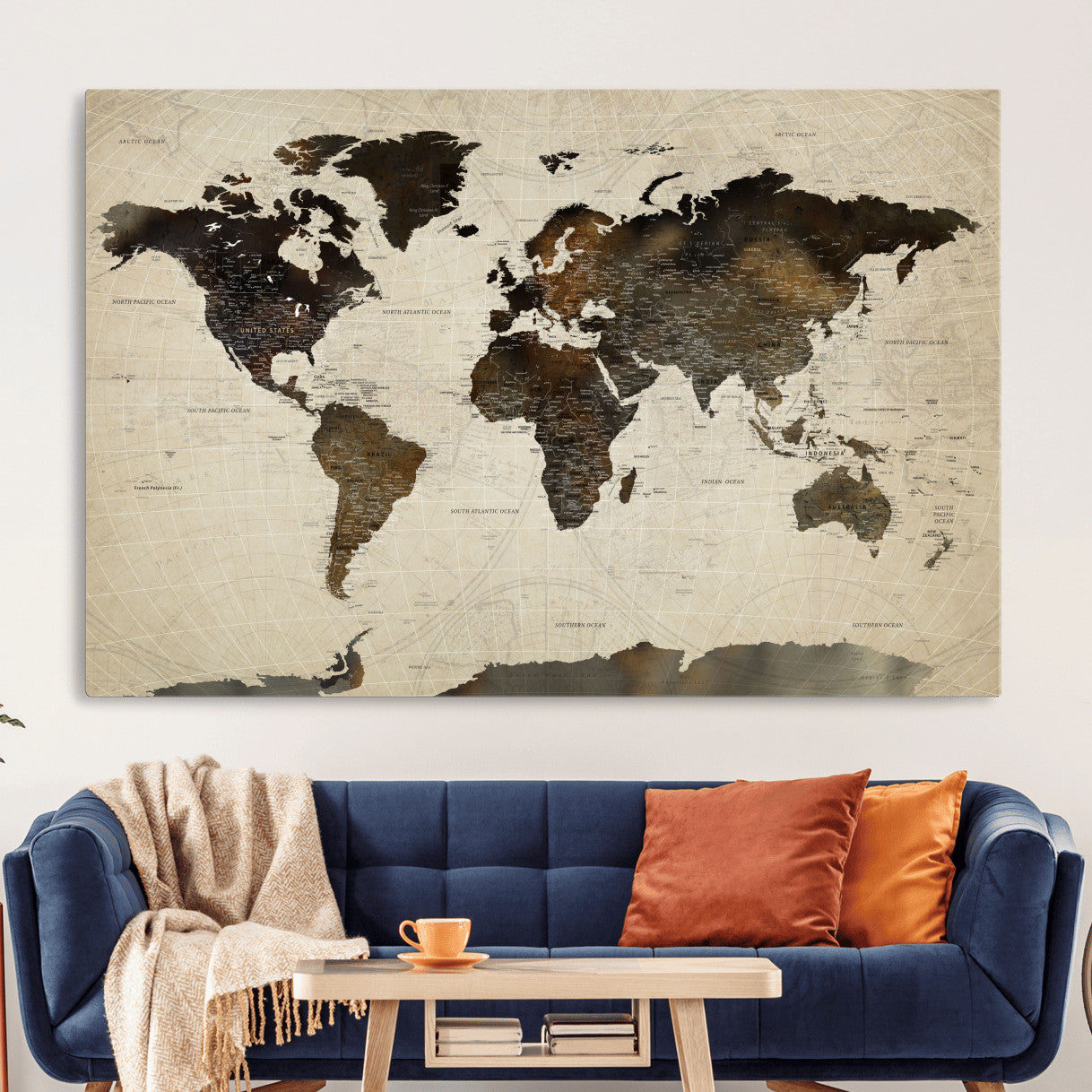 81771296-MGV-CV-36X24 - World Map Wall Art Canvas Print, Modern Decorative Framed Map Artwork Prints for Living Room, Office, Bedroom Wall Decor