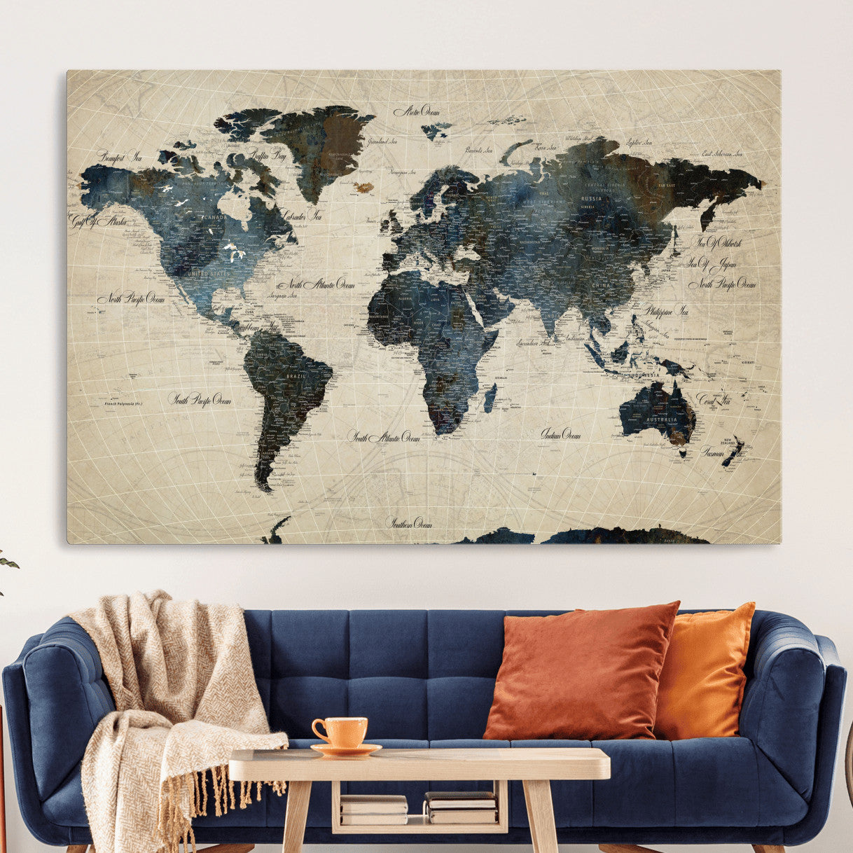 33438443-MGV-CV-36X24 - World Map Wall Art Canvas Print, Modern Decorative Framed Map Artwork Prints for Living Room, Office, Bedroom Wall Decor