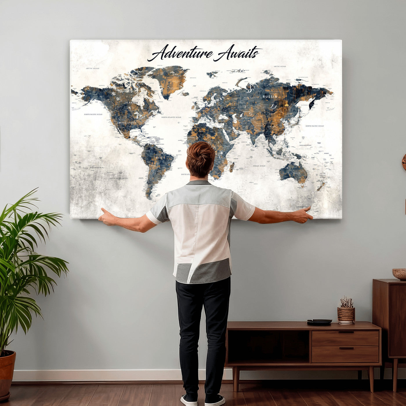 68986086-MGV-CV-36X24 - Customized Push Pin World Map Wall Art Canvas Print with Pins, Framed Personalize Travel Tracker Map, World Map for Office Decor