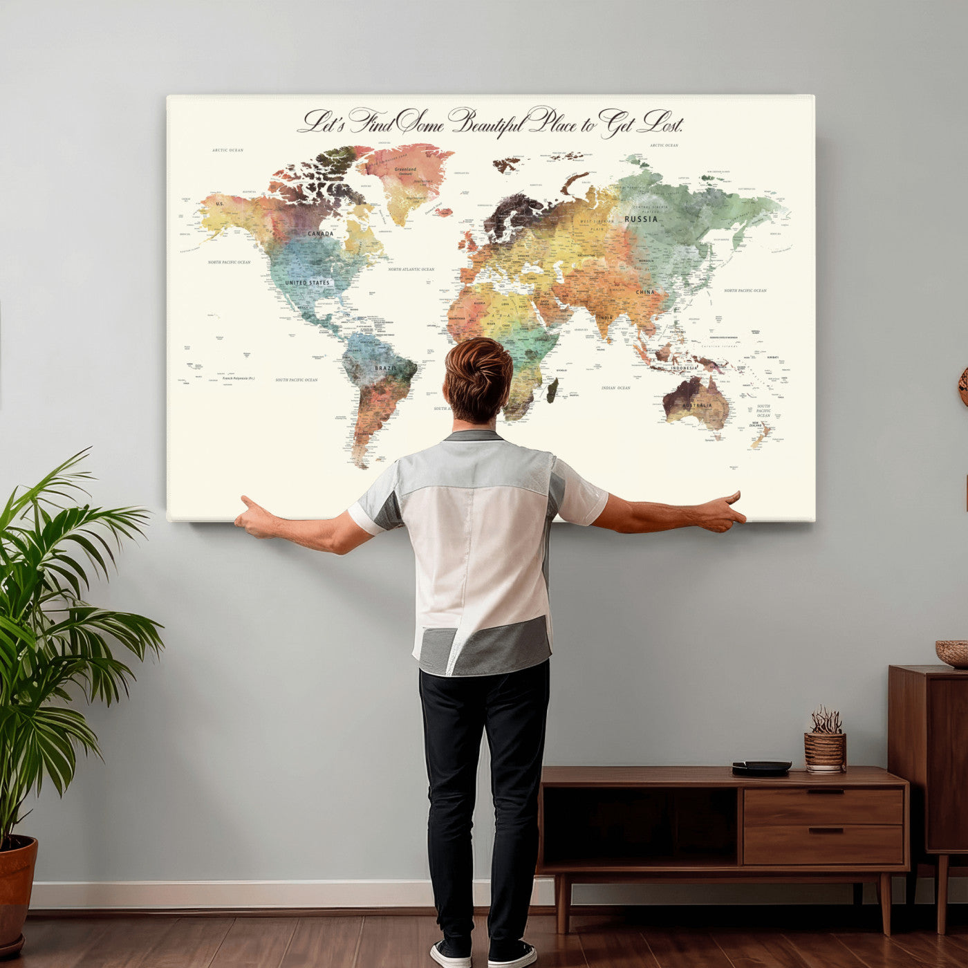 67119830-MGV-CV-36X24 - Customized Push Pin World Map Wall Art Canvas Print with Pins, Framed Personalize Travel Tracker Map, World Map for Living Room and Office Decor