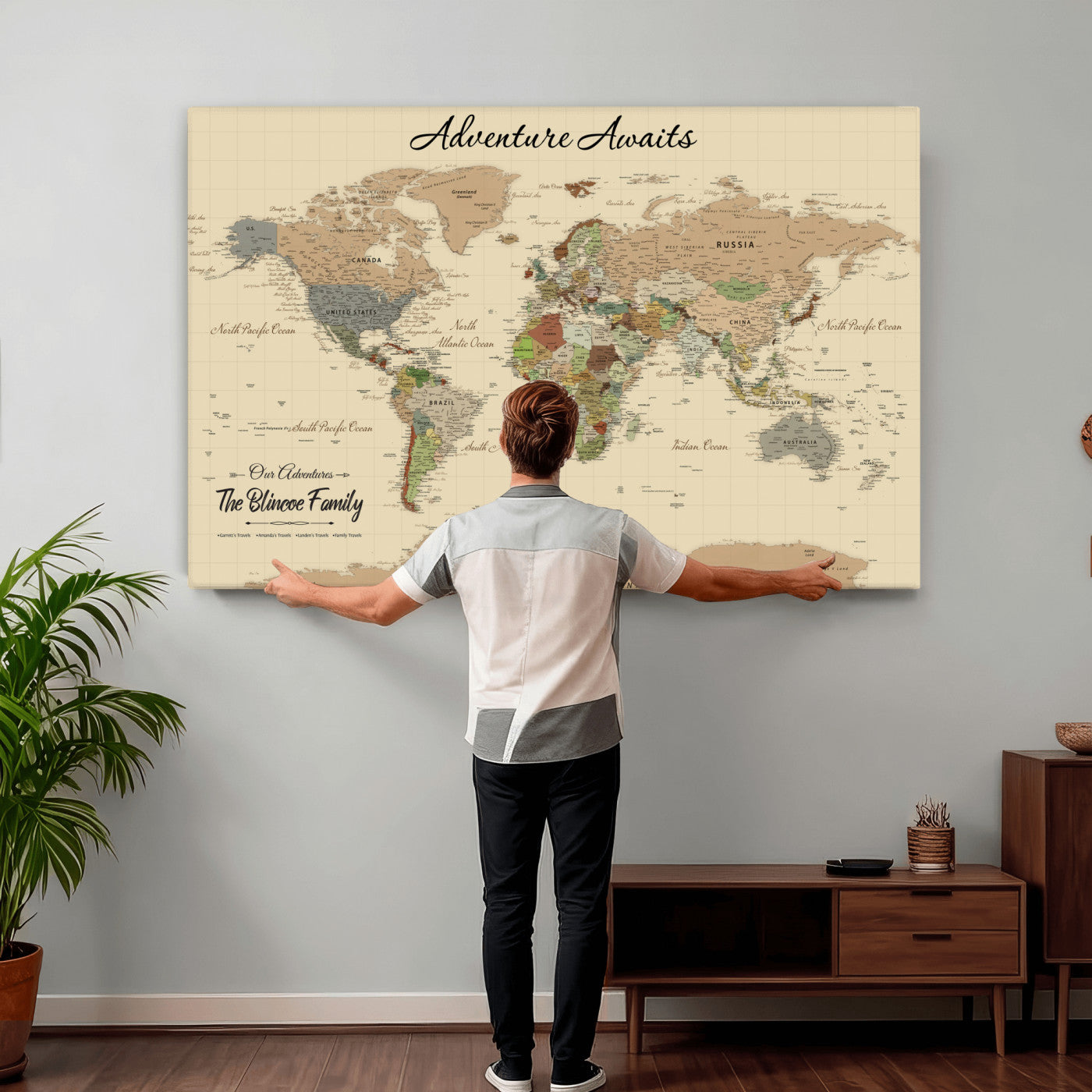 63407426-MGV-CV-36X24 - Customized Push Pin World Map Wall Art Canvas Print with Pins, Framed Personalize Travel Tracker Map, World Map for Living Room and Office Decor