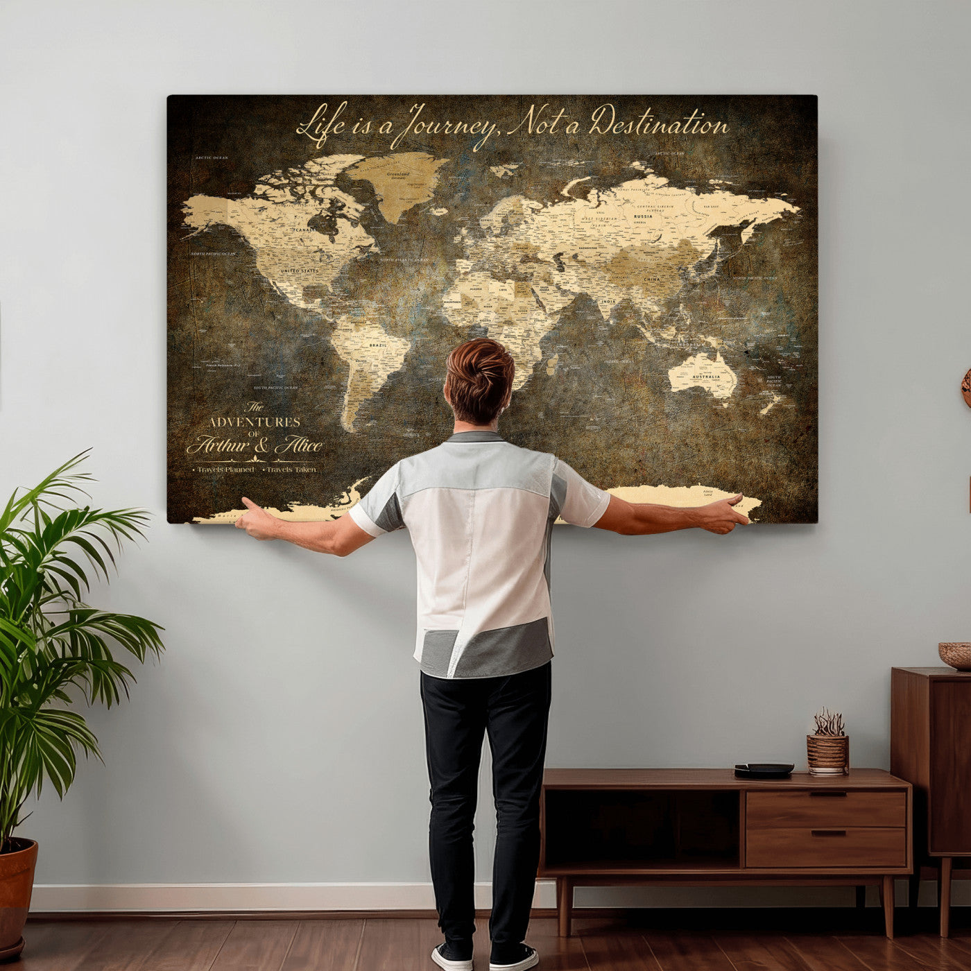 75877068-MGV-CV-36X24 - Custom Push Pin World Map Wall Art Canvas Print β Personalized Travel Tracker with Pins Framed Large for Home and Office Decor