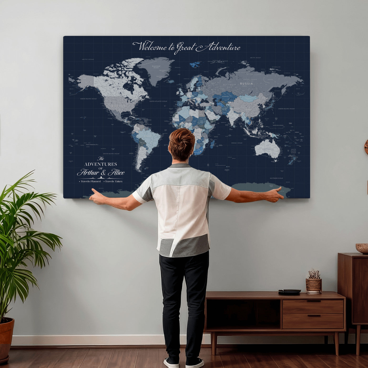 51673389-MGV-CV-36X24 - Custom Push Pin World Map Wall Art Canvas Print – Personalized Travel Tracker with Pins Framed Large for Home and Office Decor