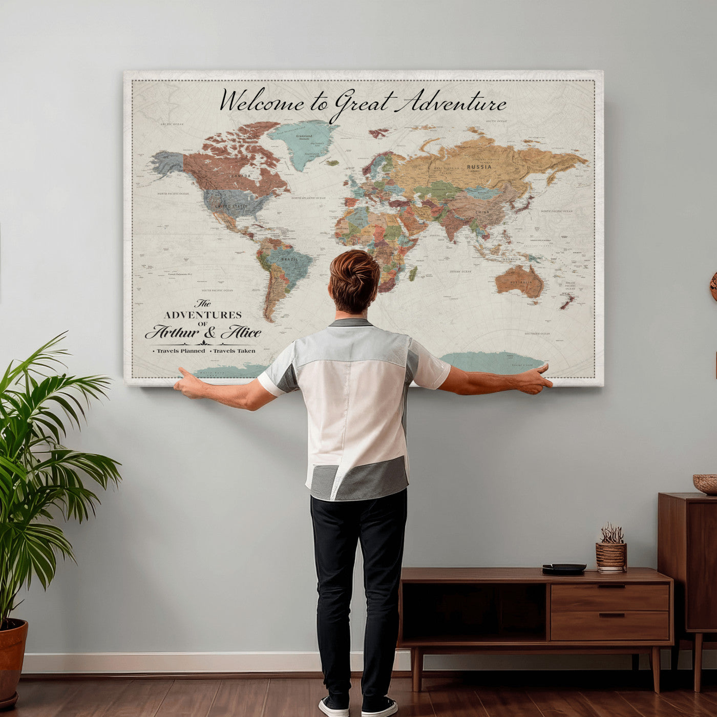 32470528-MGV-CV-36X24 - Custom Push Pin World Map Wall Art Canvas Print – Personalized Travel Tracker with Pins Framed Large for Home and Office Decor