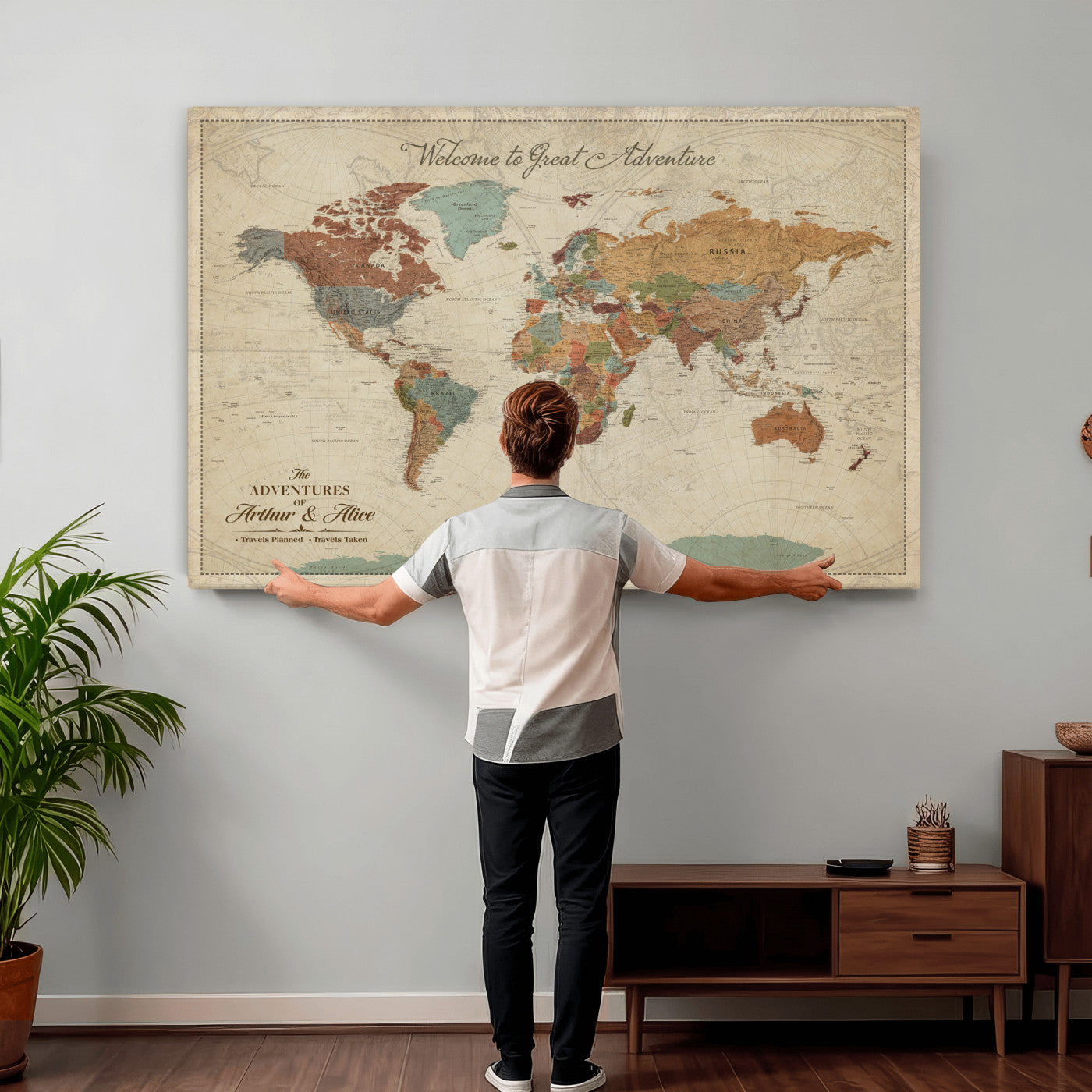 44361524-MGV-CV-36X24 - Custom Push Pin World Map Wall Art Canvas Print – Personalized Travel Tracker with Pins Framed Large for Home and Office Decor
