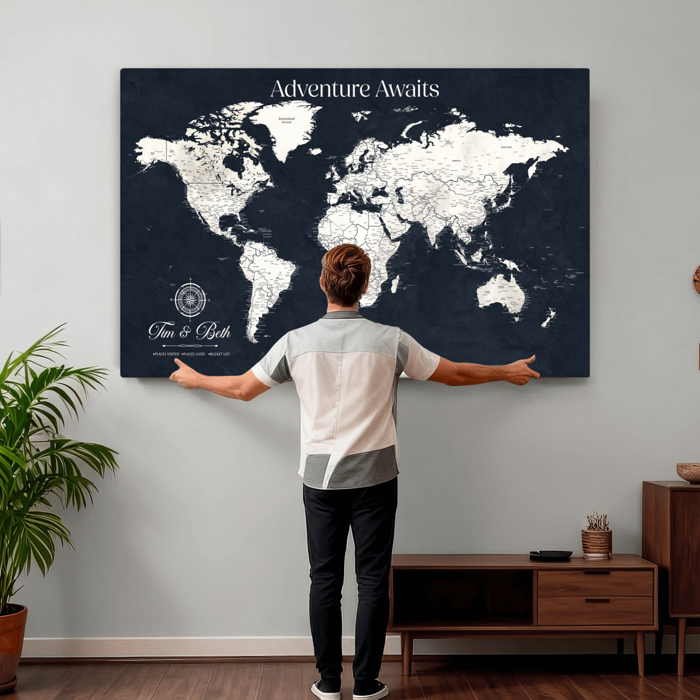 84045875-MGV-CV-36X24 - Custom Push Pin World Map Wall Art Canvas Print – Personalized Travel Tracker with Pins Framed Large for Home and Office Decor