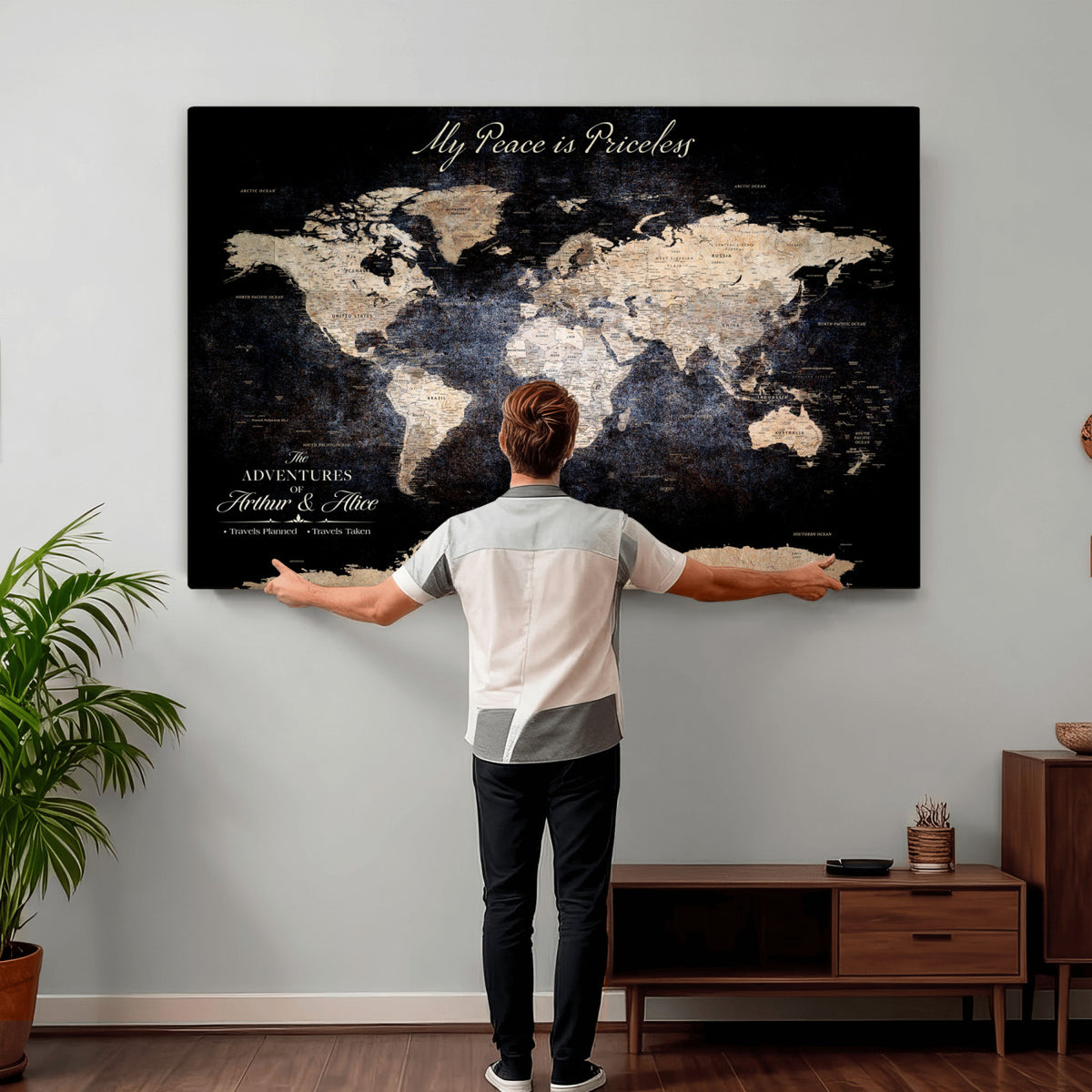 38689152-MGV-CV-36X24 - Personalized Beige World Map Canvas with Push Pins, Couples Countries Visited Map, Study and Hallway Decor