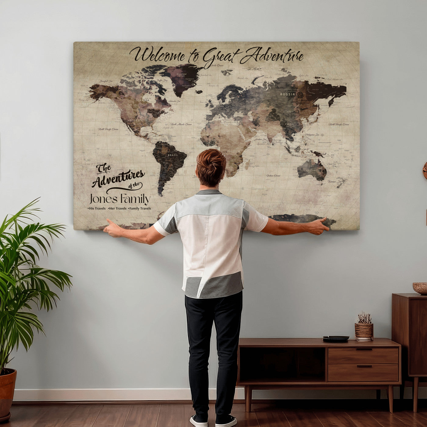 25688366-MGV-CV-36X24 - Custom Push Pin World Map Wall Art Canvas Print – Personalized Travel Tracker with Pins Framed Large for Home and Office Decor