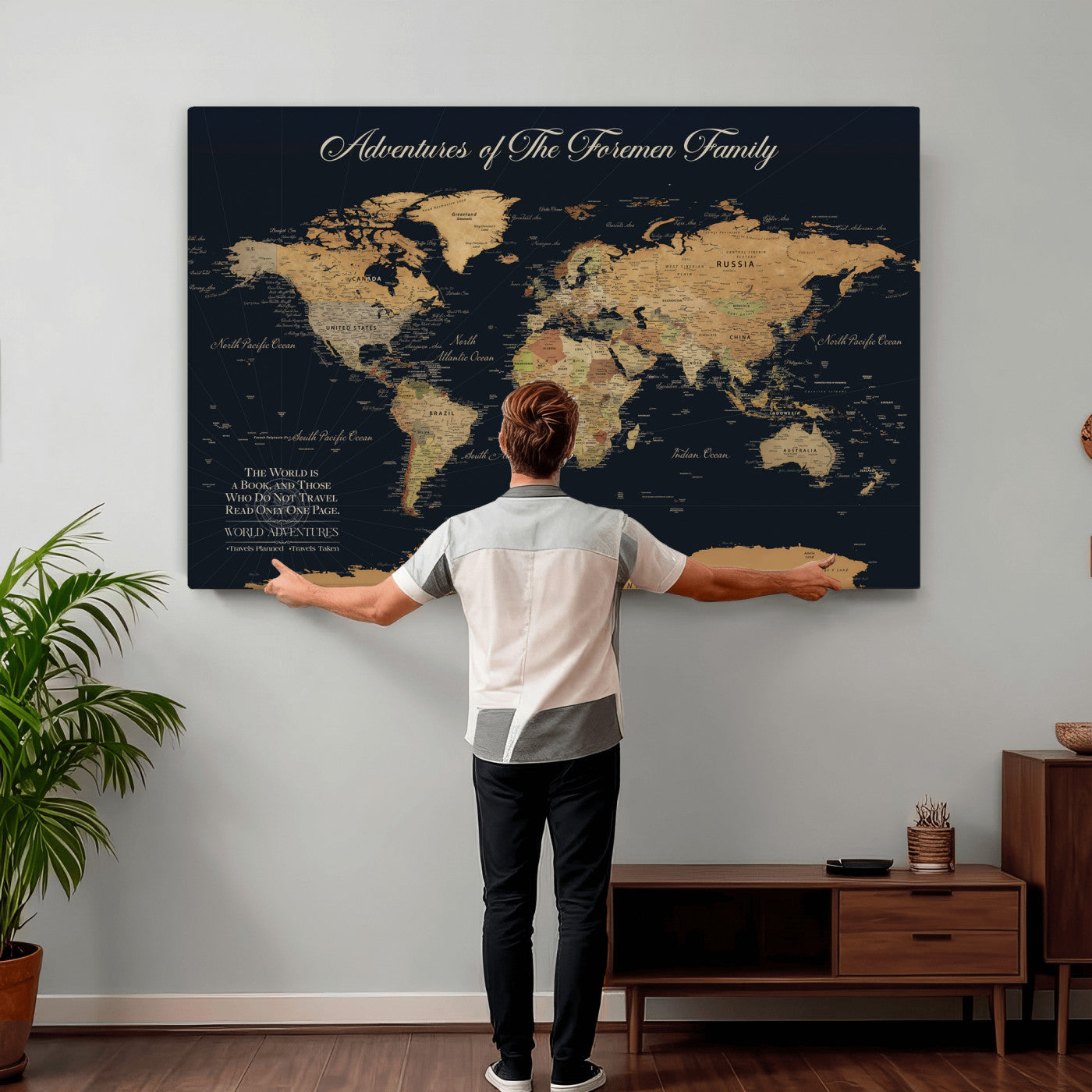 89403803-MGV-CV-36X24 - Custom Push Pin World Map Wall Art Canvas Print – Personalized Travel Tracker with Pins Framed Large for Home and Office Decor