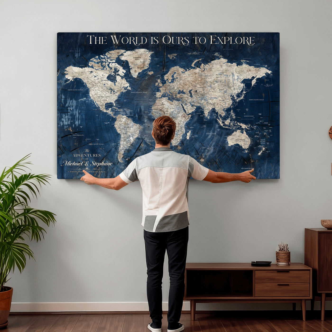 76965912-MGV-CV-36X24 - Custom Push Pin World Map Wall Art Canvas Print – Personalized Travel Tracker with Pins Framed Large for Home and Office Decor