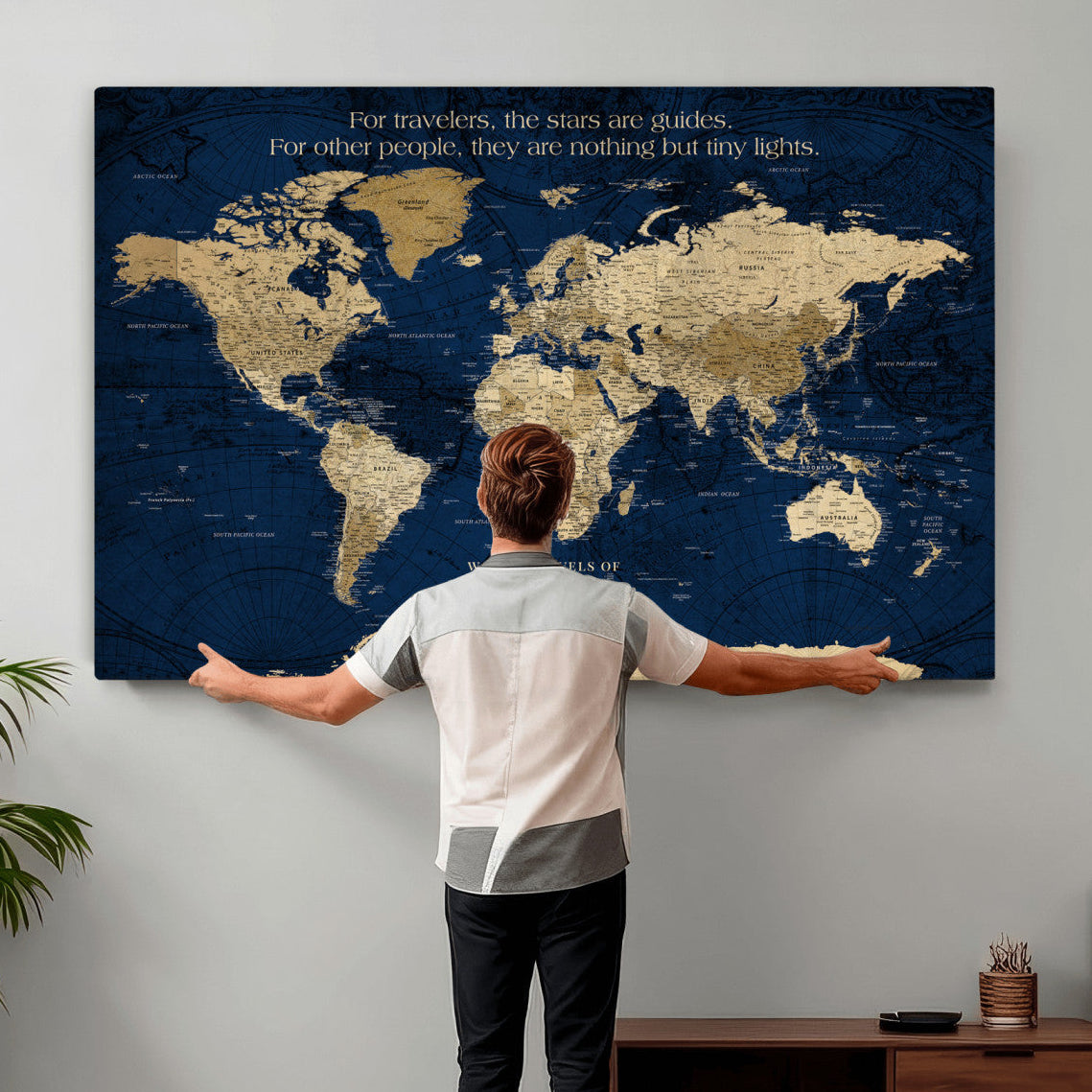 71667510-MGV-CV-36X24 - Custom Push Pin World Map Wall Art Canvas Print – Personalized Travel Tracker with Pins Framed Large for Home and Office Decor