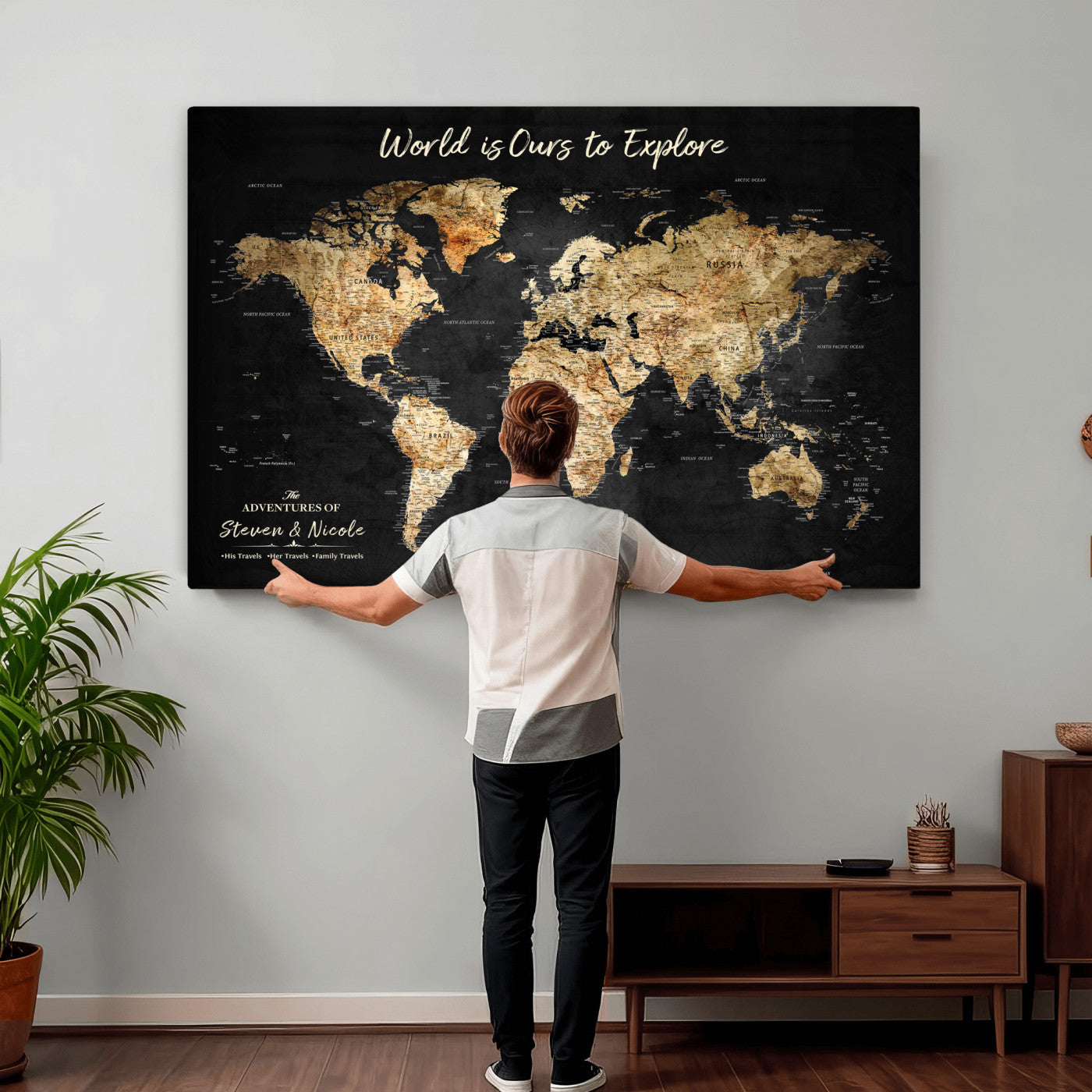 73732636-MGV-CV-36X24 - Custom Push Pin World Map Wall Art Canvas Print – Personalized Travel Tracker with Pins Framed Large for Home and Office Decor