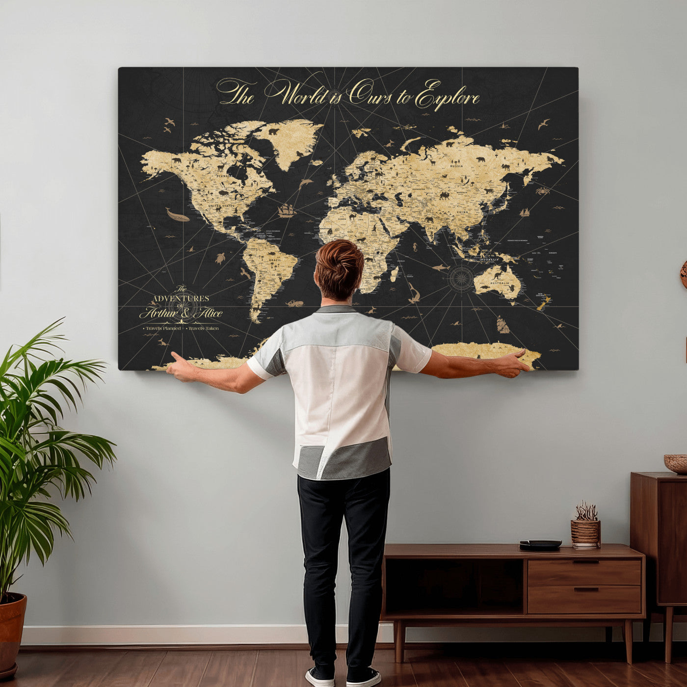 54097664-MGV-CV-36X24 - Custom Push Pin World Map Wall Art Canvas Print – Personalized Travel Tracker with Pins Framed Large for Home and Office Decor