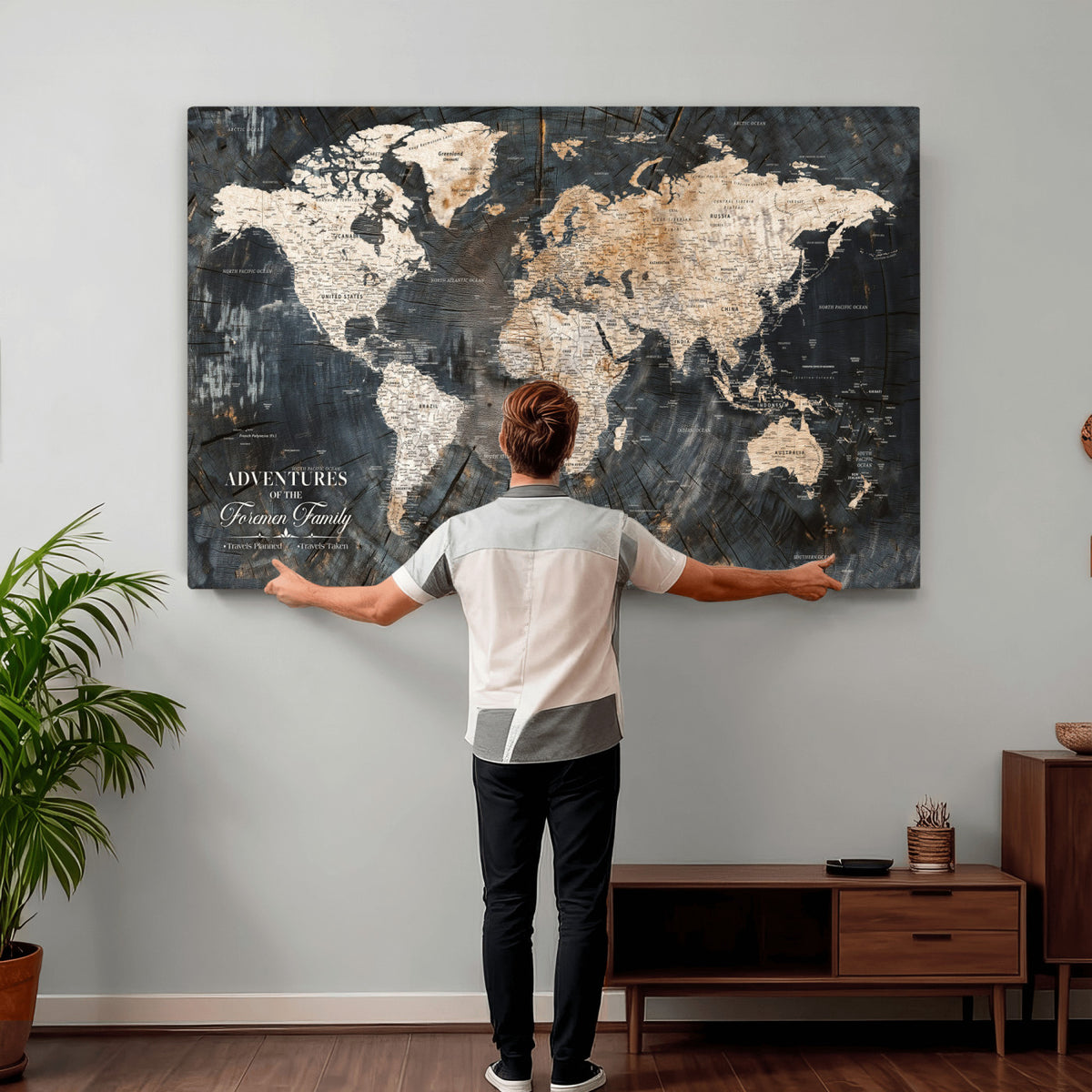 77865338-MGV-CV-36X24 - Personalized Framed Beige Push Pin World Map Canvas Print, Bucket List Map, Living Room and Hallway Decor
