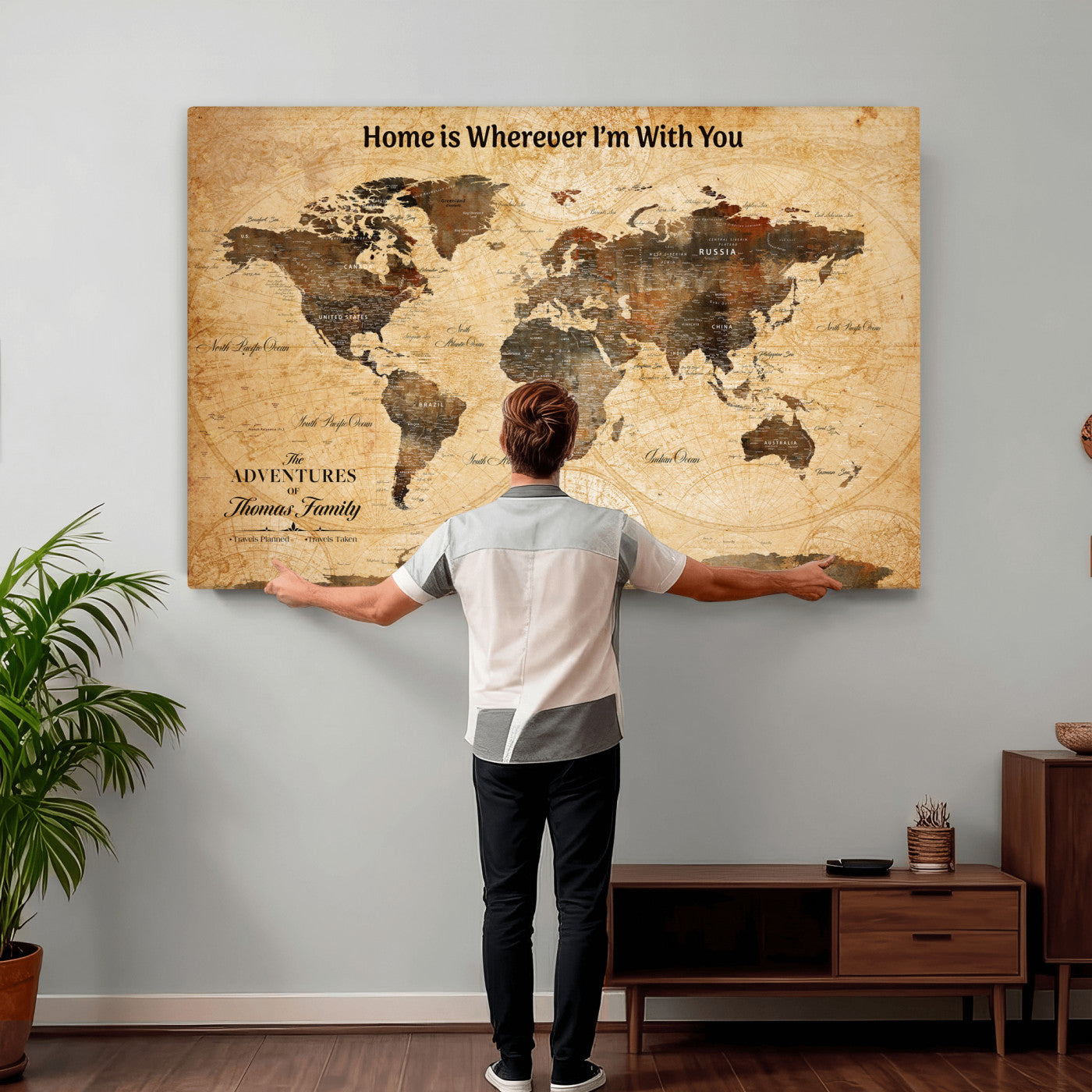 99095125-MGV-CV-36X24 - Custom Push Pin World Map Wall Art Canvas Print – Personalized Travel Tracker with Pins Framed Large for Home and Office Decor
