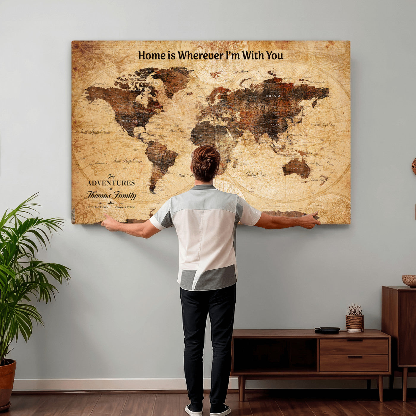 47310001-MGV-CV-36X24 - Custom Push Pin World Map Wall Art Canvas Print – Personalized Travel Tracker with Pins Framed Large for Home and Office Decor