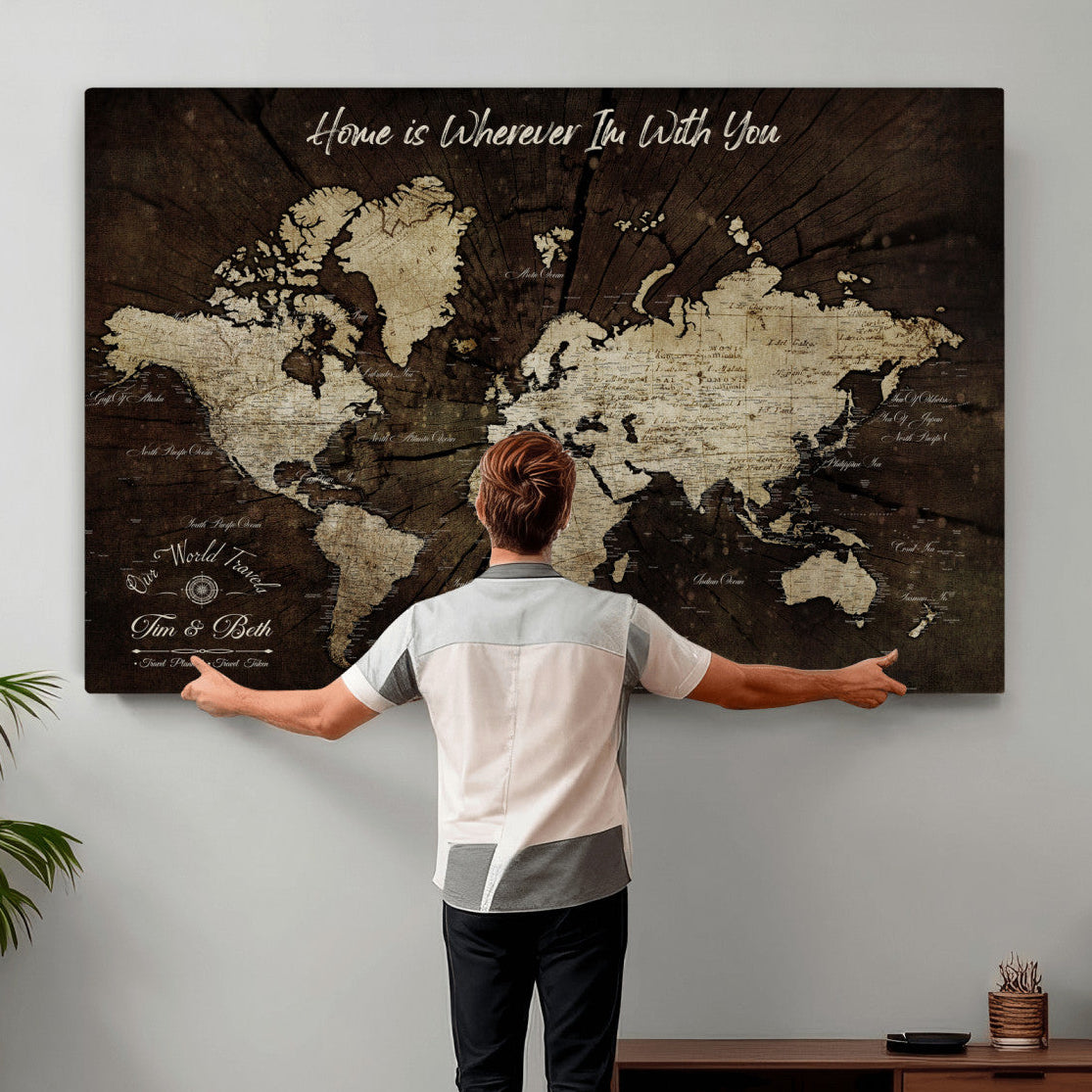 46573259-MGV-CV-36X24 - Custom Push Pin World Map Wall Art Canvas Print – Personalized Travel Tracker with Pins Framed Large for Home and Office Decor