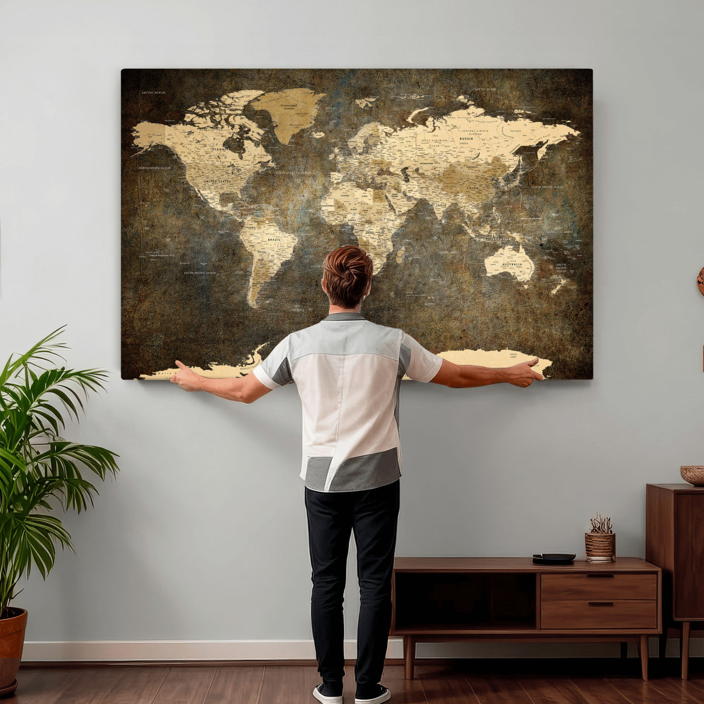 89742472-MGV-CV-36X24 - World Map Wall Art Canvas Print, Modern Decorative Framed Map Artwork Prints for Living Room, Office, Bedroom Wall Decor