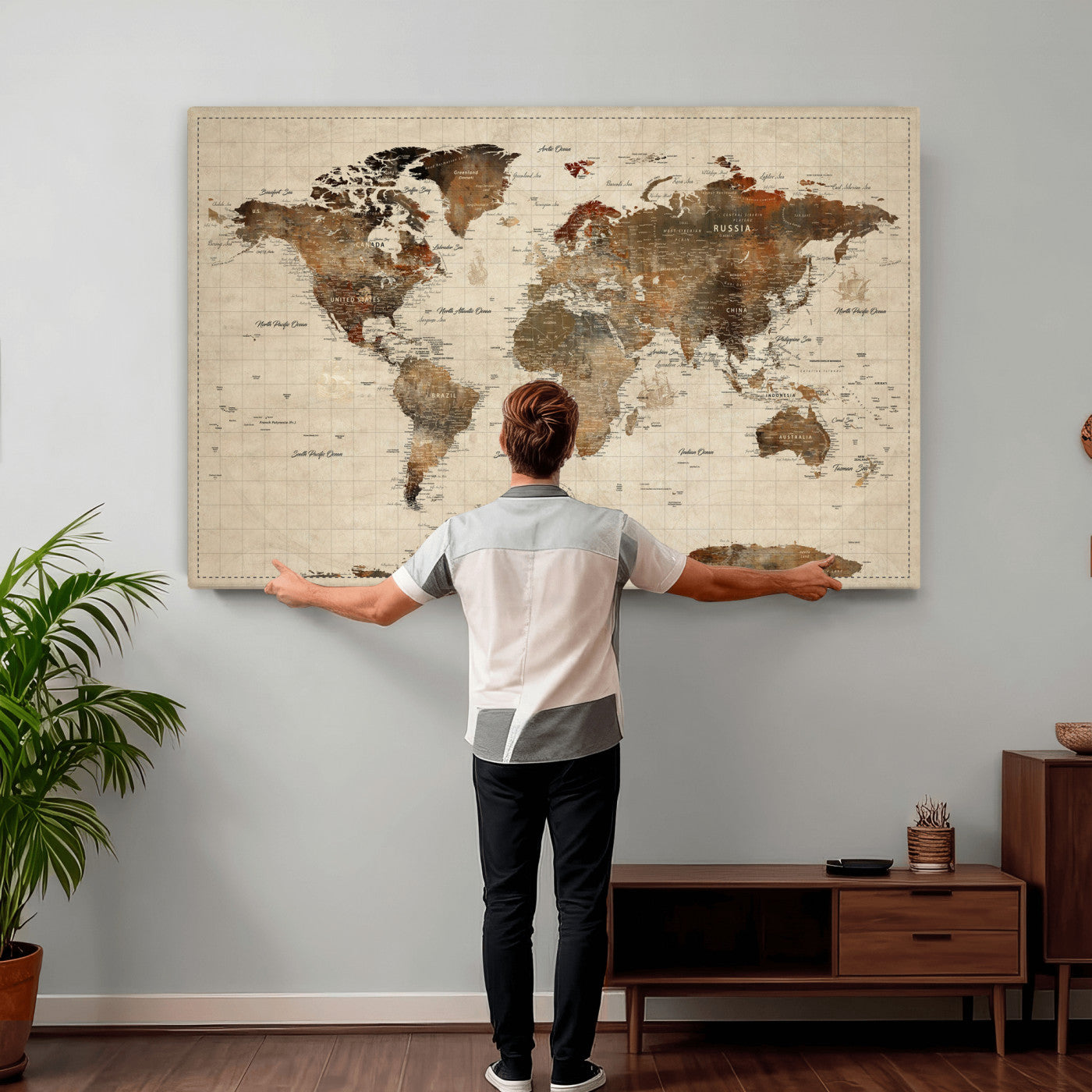 23610090-MGV-CV-36X24 - World Map Wall Art Canvas Print, Modern Decorative Framed Map Artwork Prints for Living Room, Office, Bedroom Wall Decor