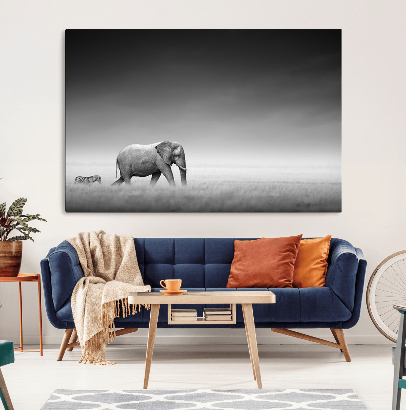 87639-MGV-CV-36X24-Elephand and Zebra Wall Art Canvas Print, Modern Artwork