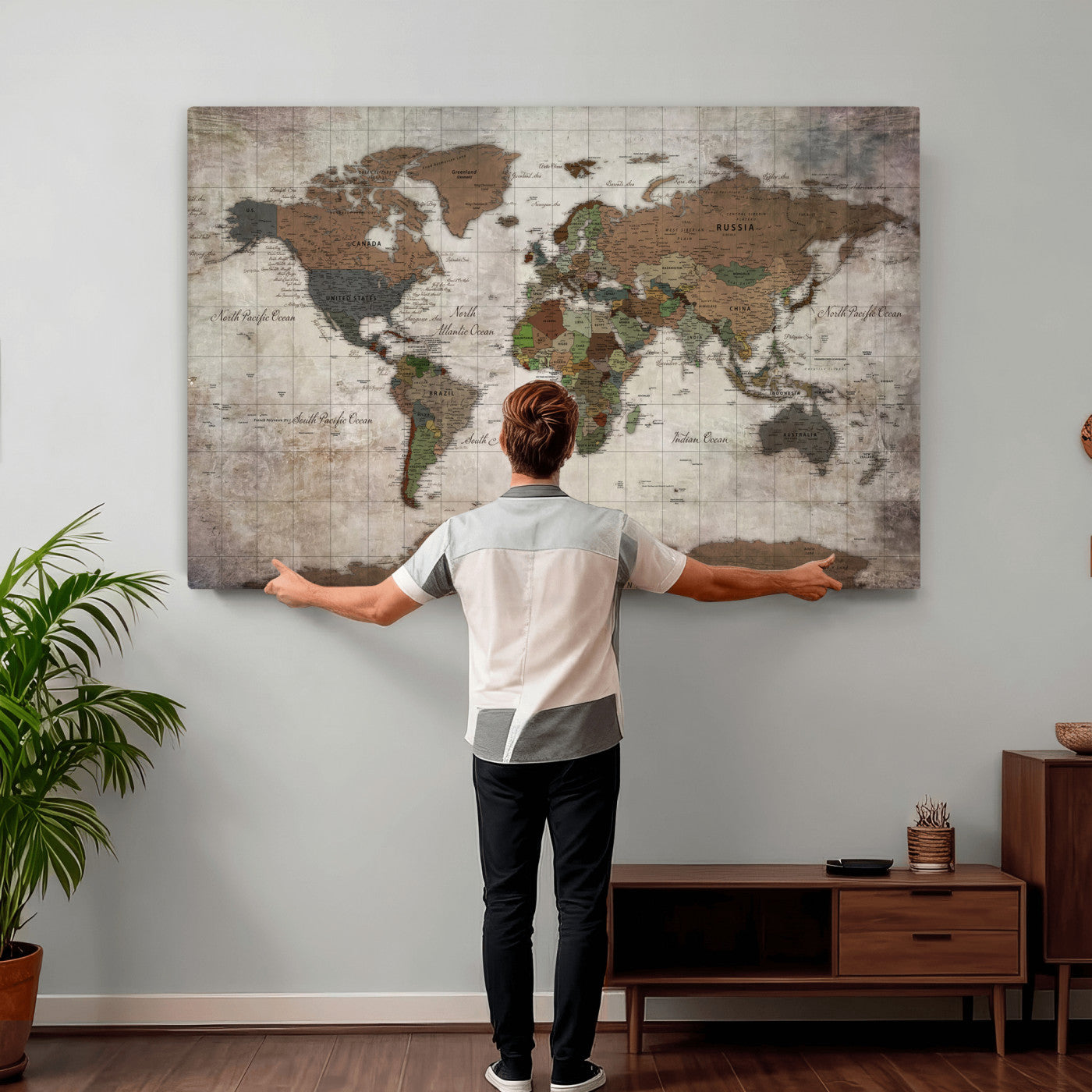 65393892-MGV-CV-36X24 - World Map Wall Art Canvas Print, Modern Decorative Framed Map Artwork Prints for Living Room, Office, Bedroom Wall Decor