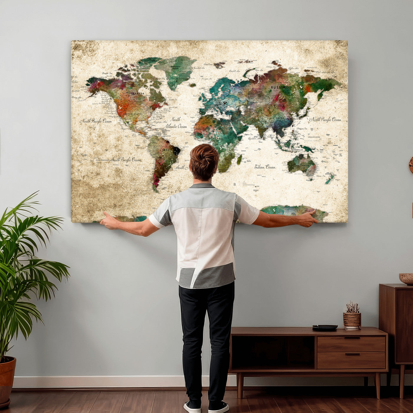 87544591-MGV-CV-36X24 - World Map Wall Art Canvas Print, Modern Decorative Framed Map Artwork Prints for Living Room, Office, Bedroom Wall Decor