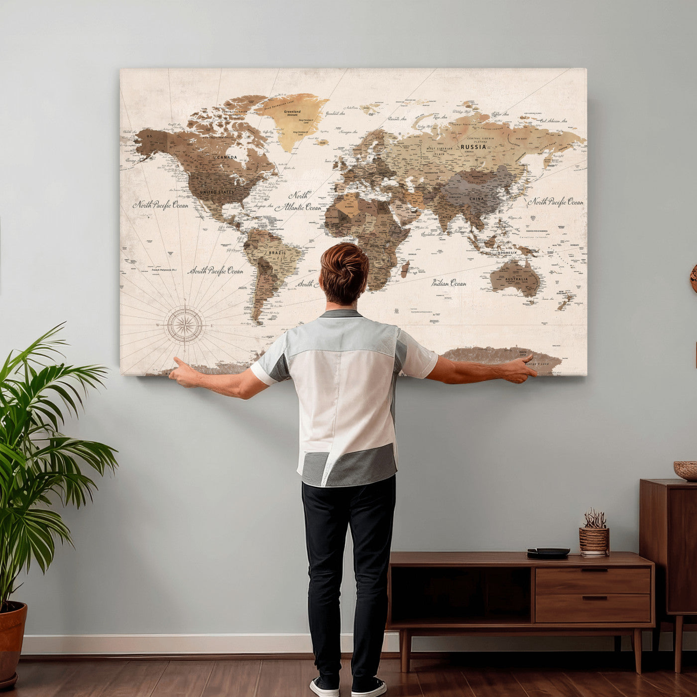69860078-MGV-CV-36X24 - World Map Wall Art Canvas Print, Modern Decorative Framed Map Artwork Prints for Living Room, Office, Bedroom Wall Decor