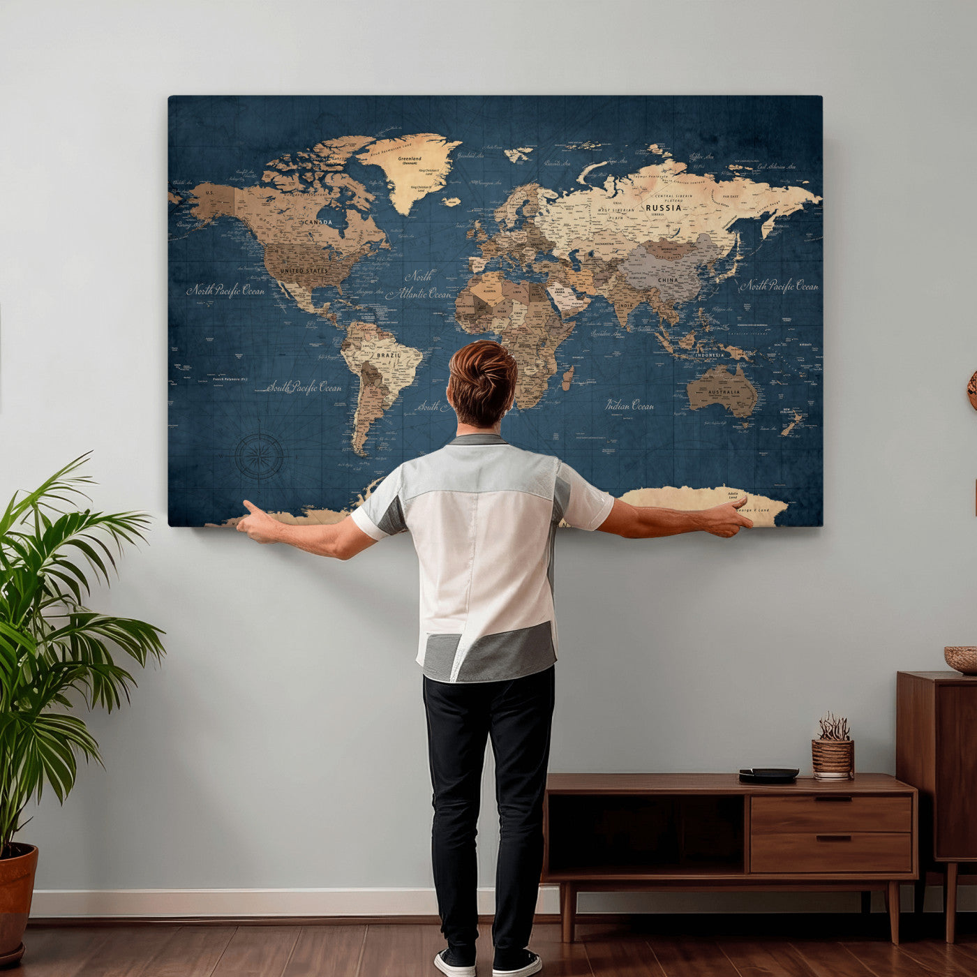 69886352-MGV-CV-36X24 - World Map Wall Art Canvas Print, Modern Decorative Framed Map Artwork Prints for Living Room, Office, Bedroom Wall Decor