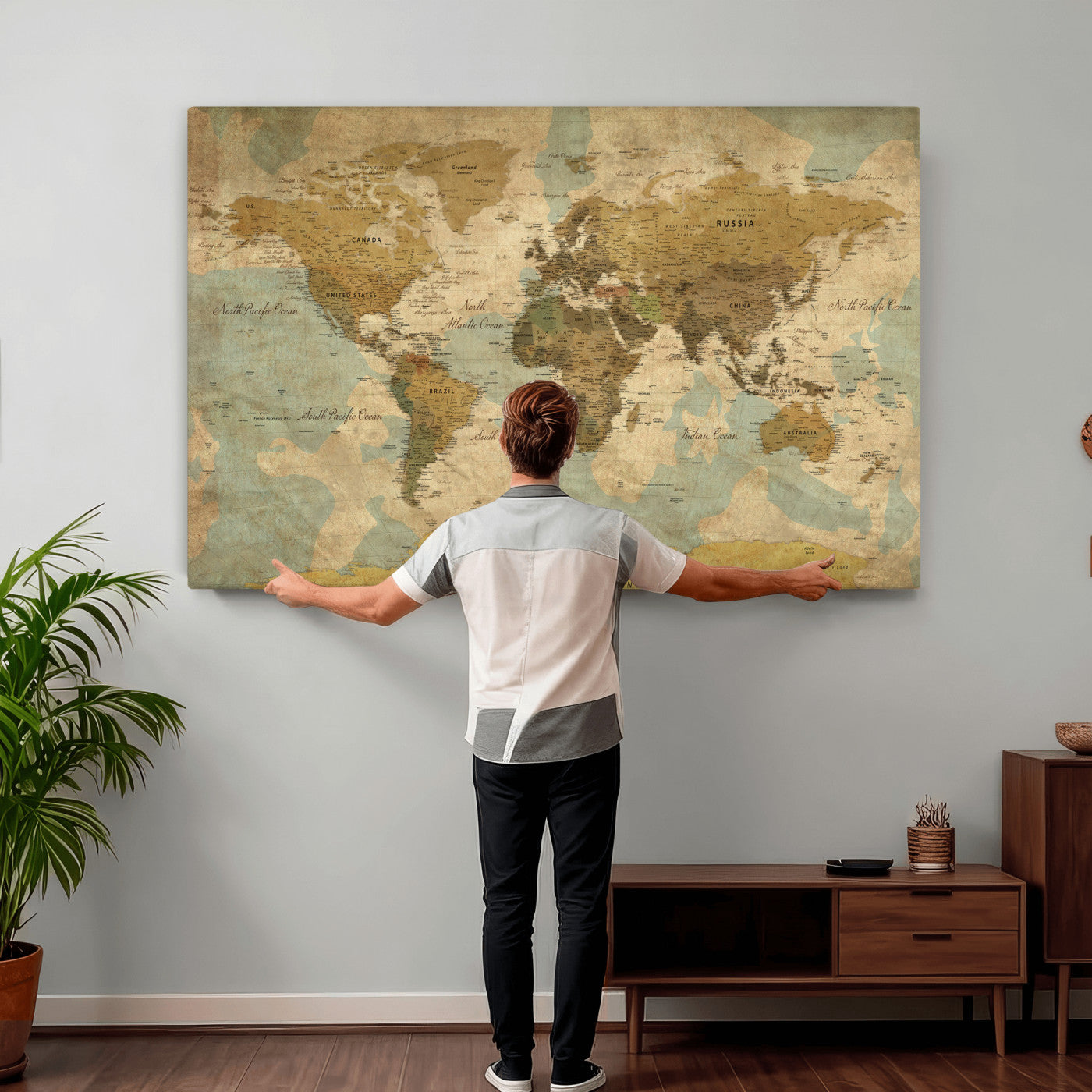 89356927-MGV-CV-36X24 - World Map Wall Art Canvas Print, Modern Decorative Framed Map Artwork Prints for Living Room, Office, Bedroom Wall Decor