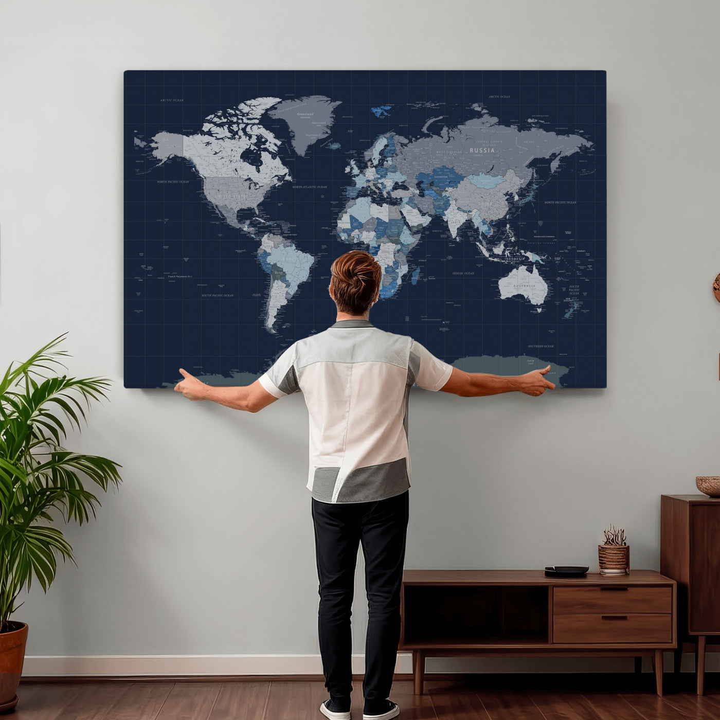 17712680-MGV-CV-36X24 - World Map Wall Art Canvas Print, Modern Decorative Framed Map Artwork Prints for Living Room, Office, Bedroom Wall Decor