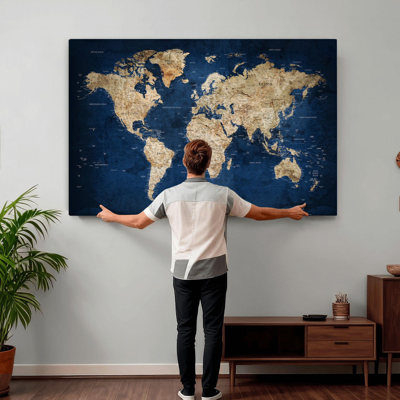 57503519-MGV-CV-36X24 - World Map Wall Art Canvas Print, Modern Decorative Framed Map Artwork Prints for Living Room, Office, Bedroom Wall Decor