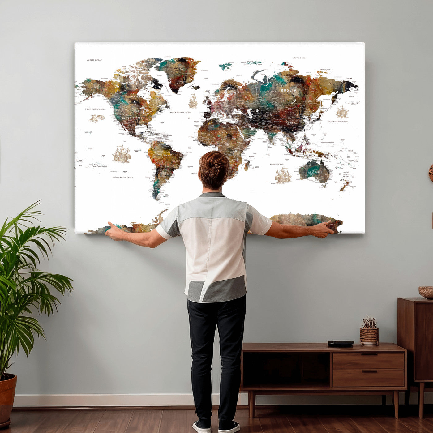 82293175-MGV-CV-36X24 - World Map Wall Art Canvas Print, Modern Decorative Framed Map Artwork Prints for Living Room, Office, Bedroom Wall Decor