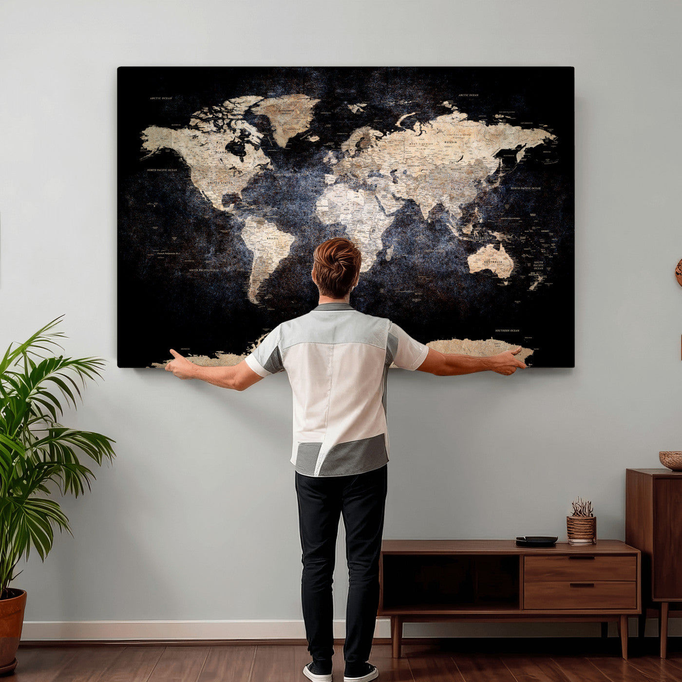 56713386-MGV-CV-36X24 - World Map Wall Art Canvas Print, Modern Decorative Framed Map Artwork Prints for Living Room, Office, Bedroom Wall Decor
