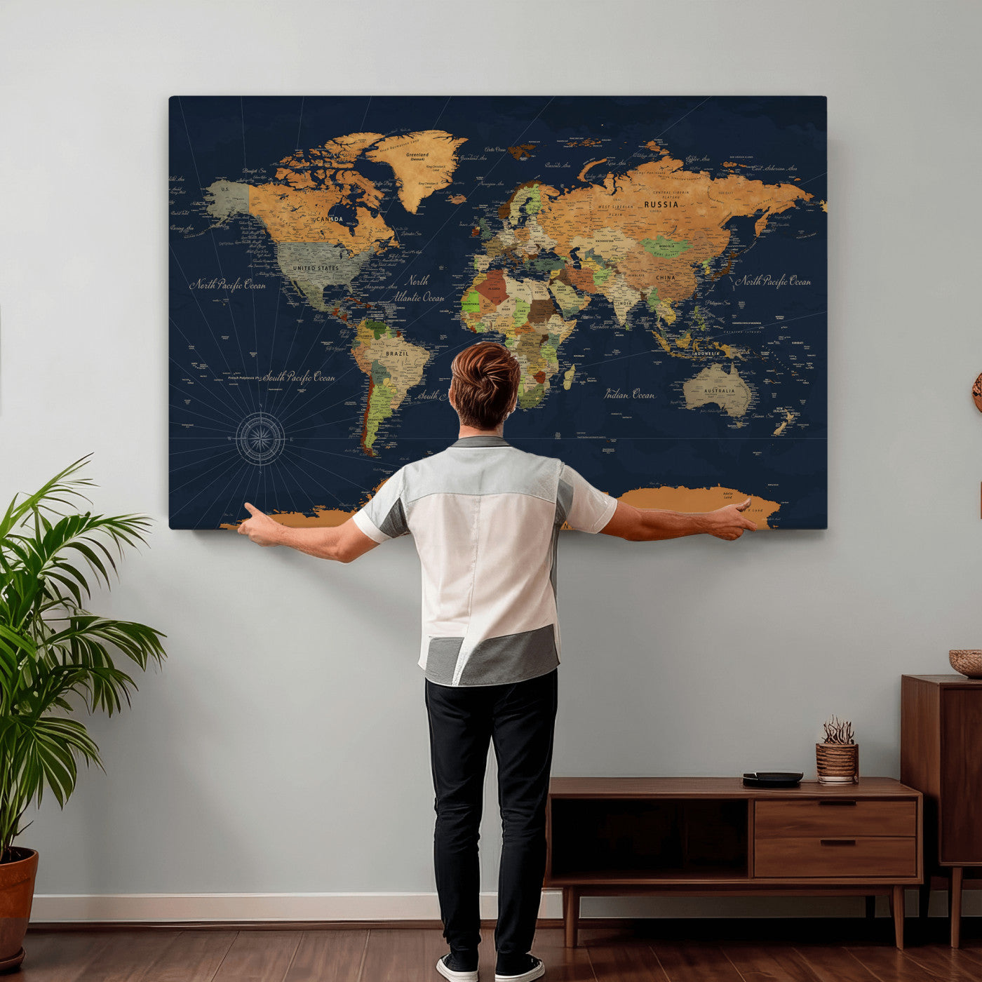 11715182-MGV-CV-36X24 - World Map Wall Art Canvas Print, Modern Decorative Framed Map Artwork Prints for Living Room, Office, Bedroom Wall Decor