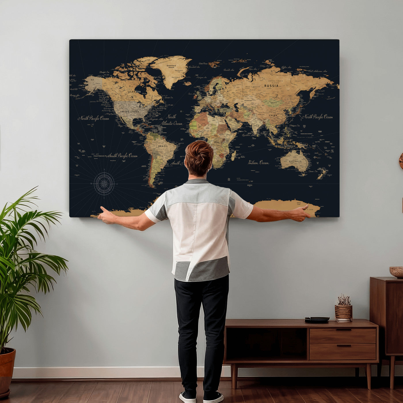 87280374-MGV-CV-36X24 - World Map Wall Art Canvas Print, Modern Decorative Framed Map Artwork Prints for Living Room, Office, Bedroom Wall Decor
