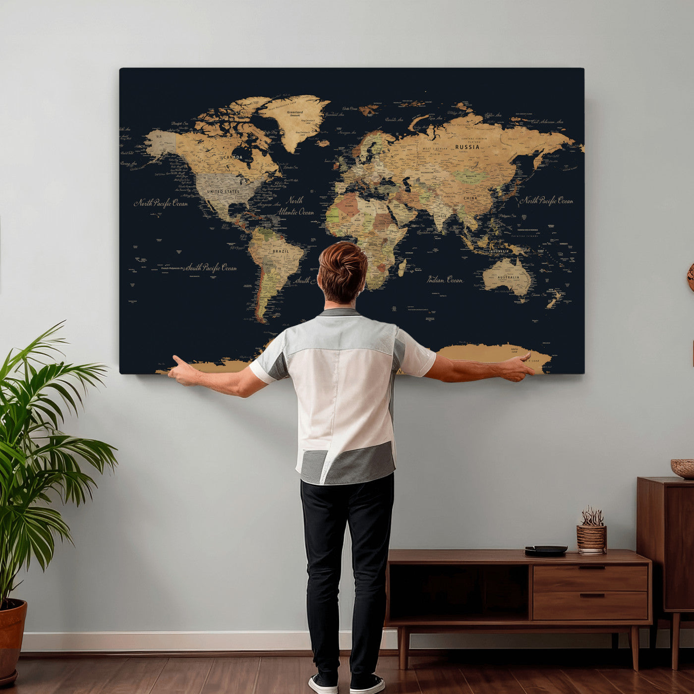 36916368-MGV-CV-36X24 - World Map Wall Art Canvas Print, Modern Decorative Framed Map Artwork Prints for Living Room, Office, Bedroom Wall Decor