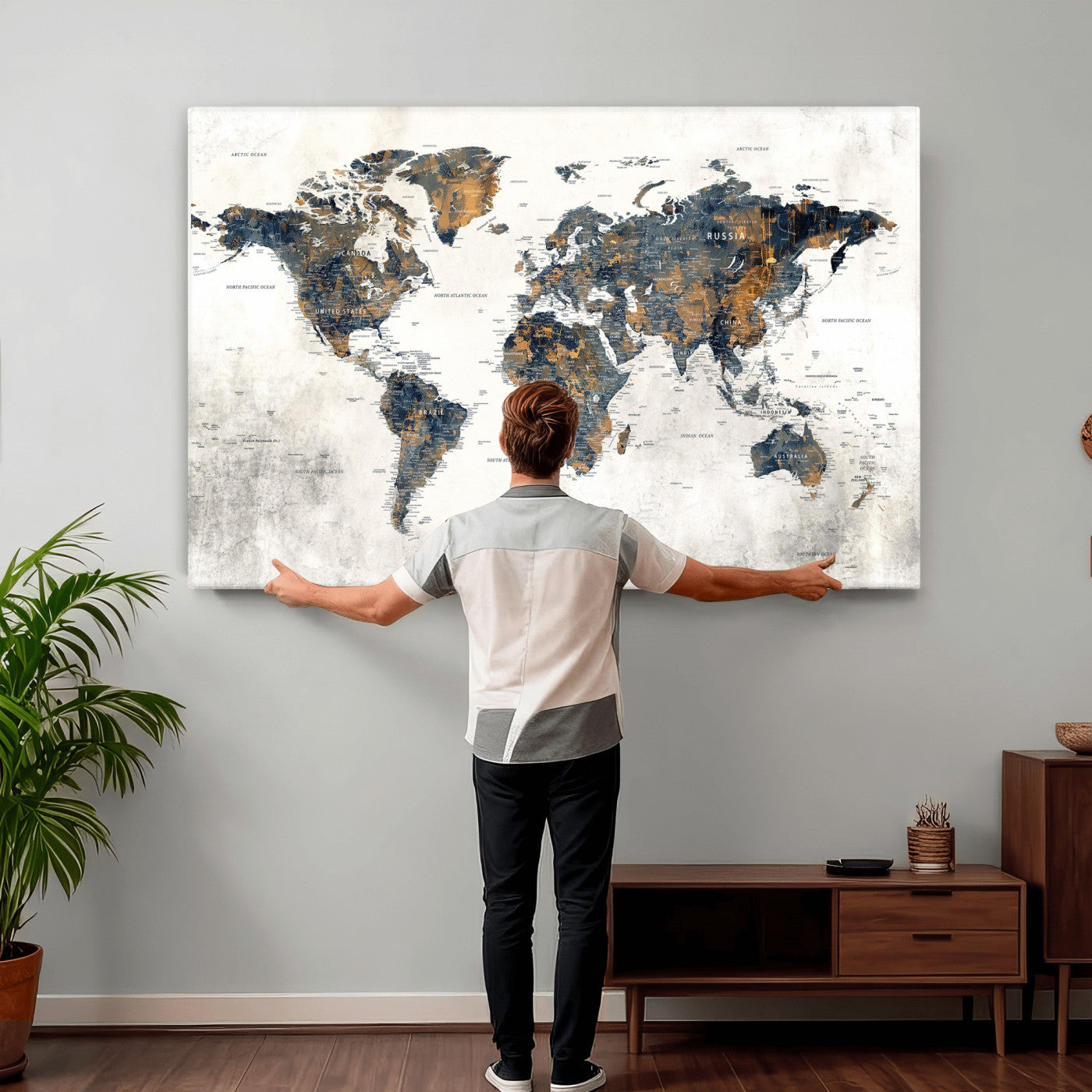 52451147-MGV-CV-36X24 - World Map Wall Art Canvas Print, Modern Decorative Framed Map Artwork Prints for Living Room, Office, Bedroom Wall Decor