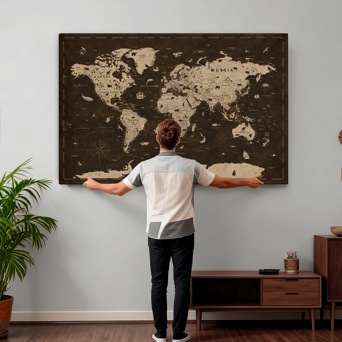 44276398-MGV-CV-36X24 - World Map Wall Art Canvas Print, Modern Decorative Framed Map Artwork Prints for Living Room, Office, Bedroom Wall Decor