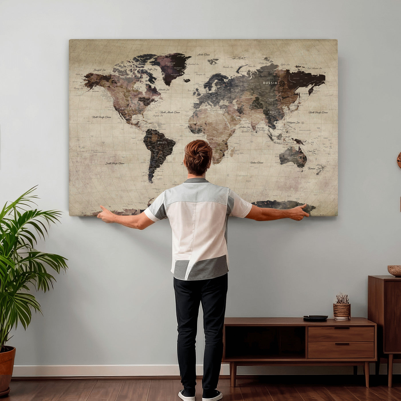 60560672-MGV-CV-36X24 - World Map Wall Art Canvas Print, Modern Decorative Framed Map Artwork Prints for Living Room, Office, Bedroom Wall Decor
