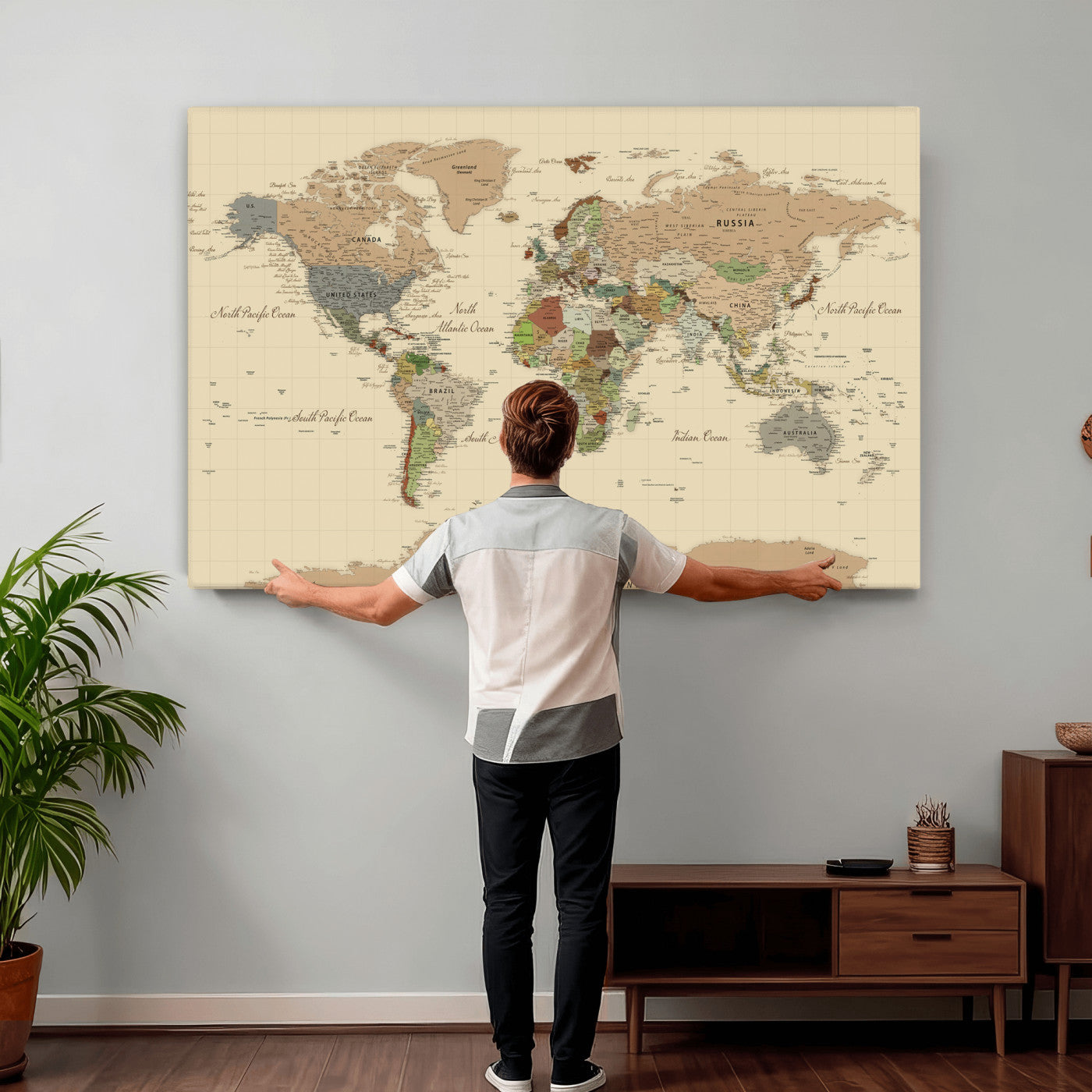 31407854-MGV-CV-36X24 - World Map Wall Art Canvas Print, Modern Decorative Framed Map Artwork Prints for Living Room, Office, Bedroom Wall Decor