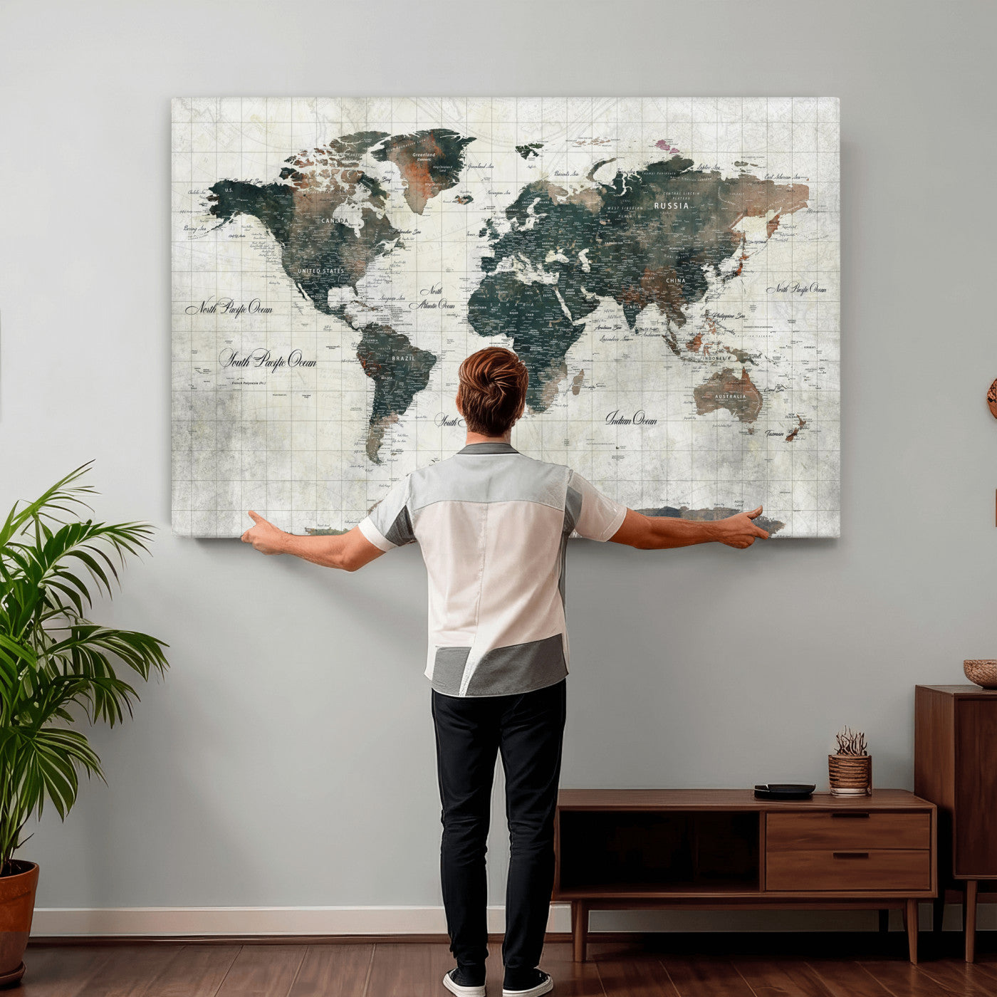 91179593-MGV-CV-36X24 - World Map Wall Art Canvas Print, Modern Decorative Framed Map Artwork Prints for Living Room, Office, Bedroom Wall Decor