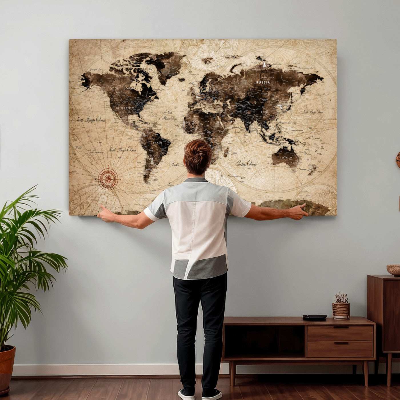 47657418-MGV-CV-36X24 - World Map Wall Art Canvas Print, Modern Decorative Framed Map Artwork Prints for Living Room, Office, Bedroom Wall Decor