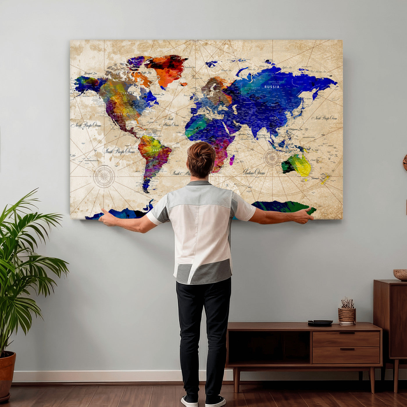 26284075-MGV-CV-36X24 - World Map Wall Art Canvas Print, Modern Decorative Framed Map Artwork Prints for Living Room, Office, Bedroom Wall Decor