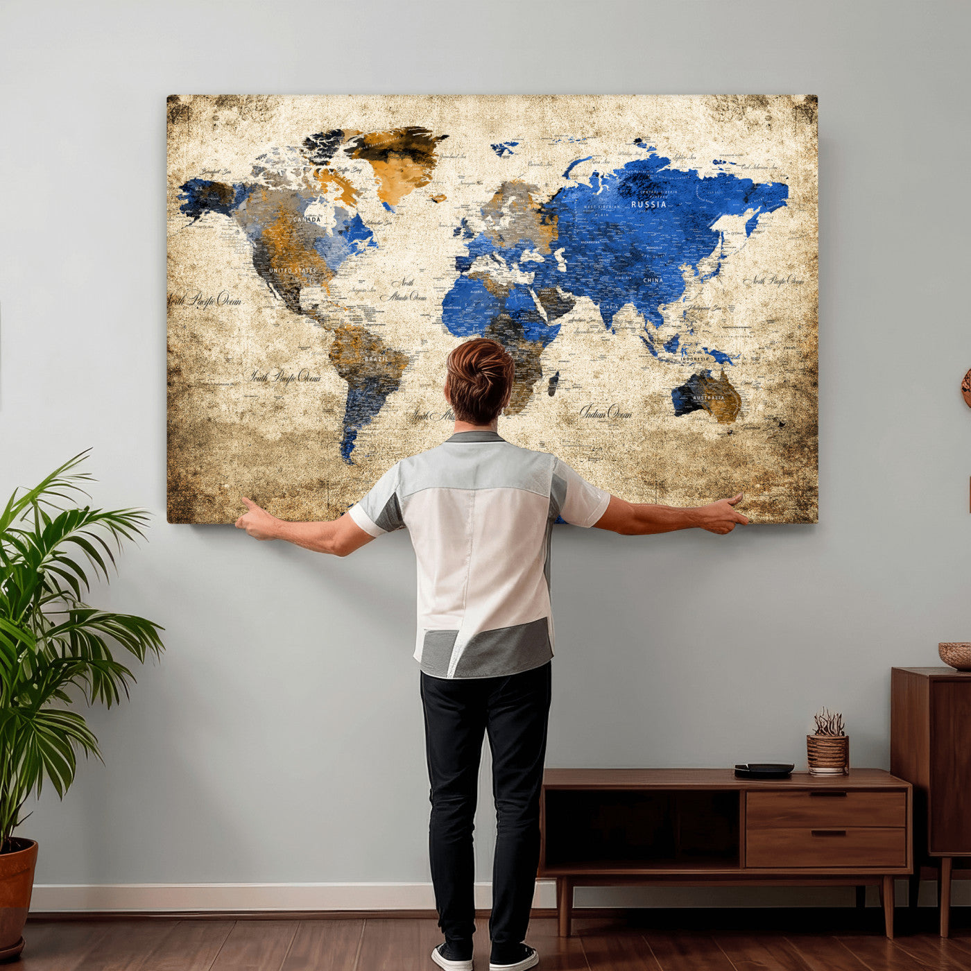 27314341-MGV-CV-36X24 - World Map Wall Art Canvas Print, Modern Decorative Framed Map Artwork Prints for Living Room, Office, Bedroom Wall Decor